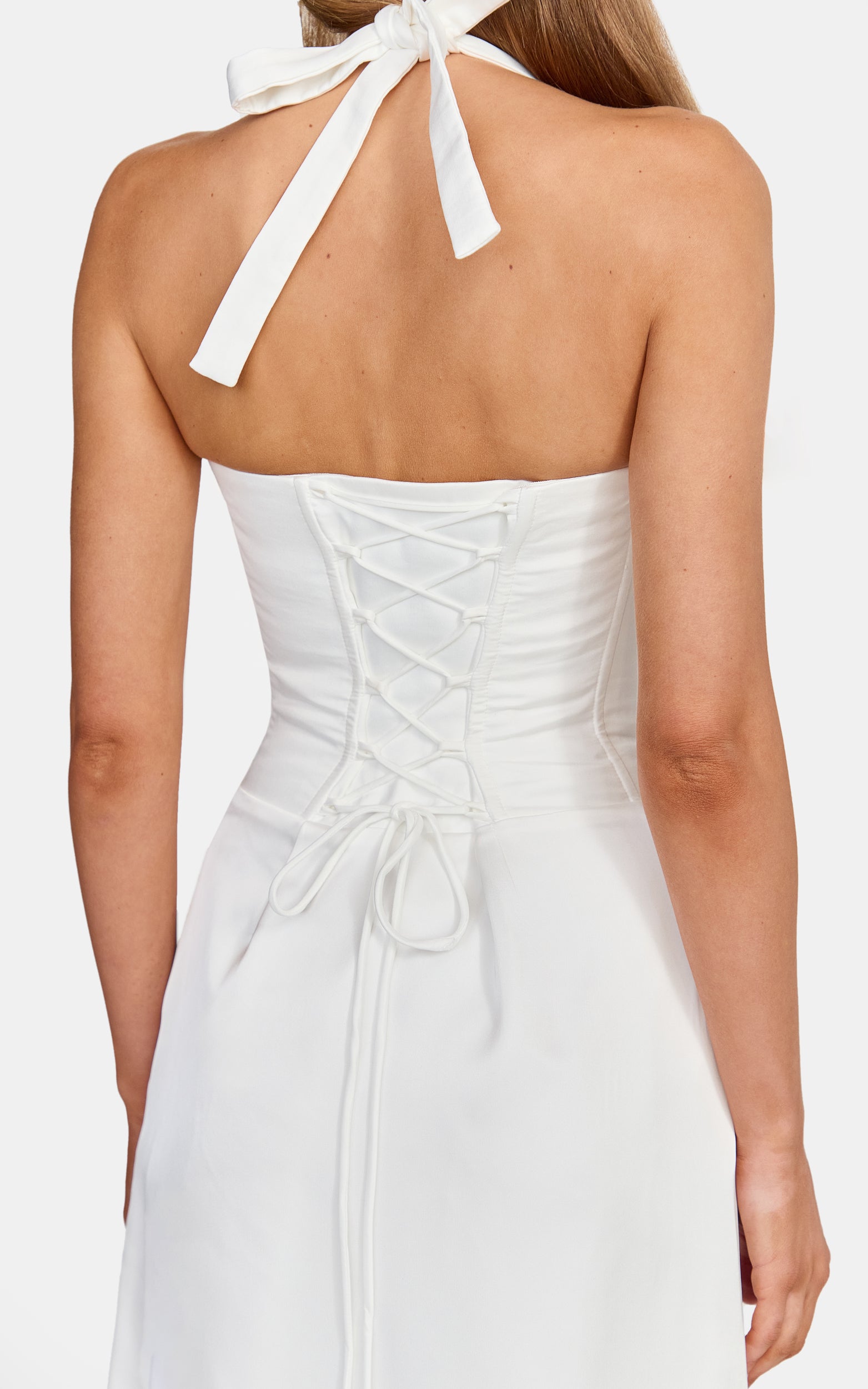 Amber Maxi Dress - Corset Bodice Draped Skirt Halter Dress in White