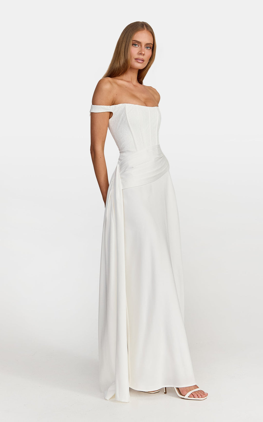 Darcie Maxi Dress - Off Shoulder Corset Draped Skirt Dress in Ivory