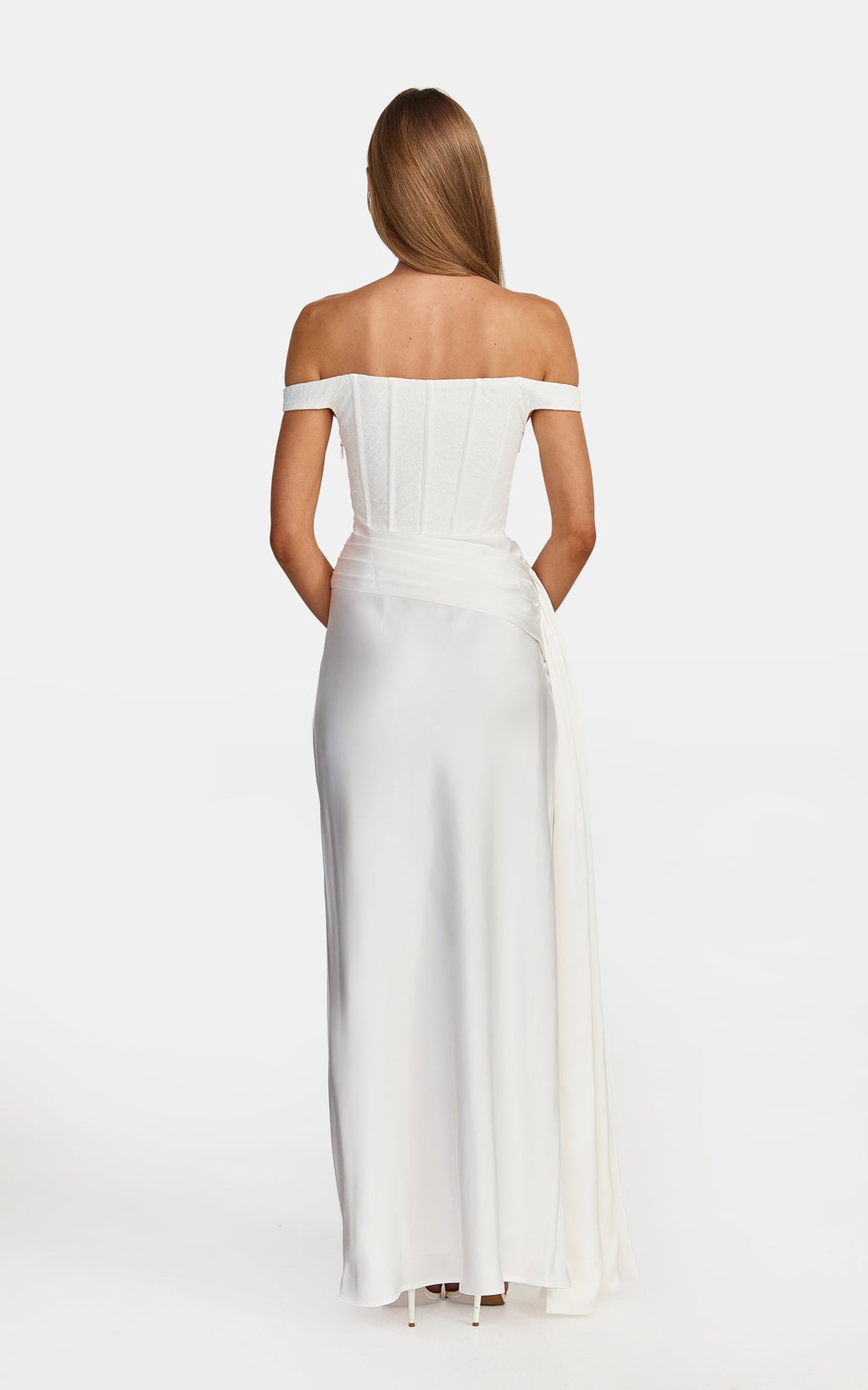 Darcie Maxi Dress - Off Shoulder Corset Draped Skirt Dress in Ivory