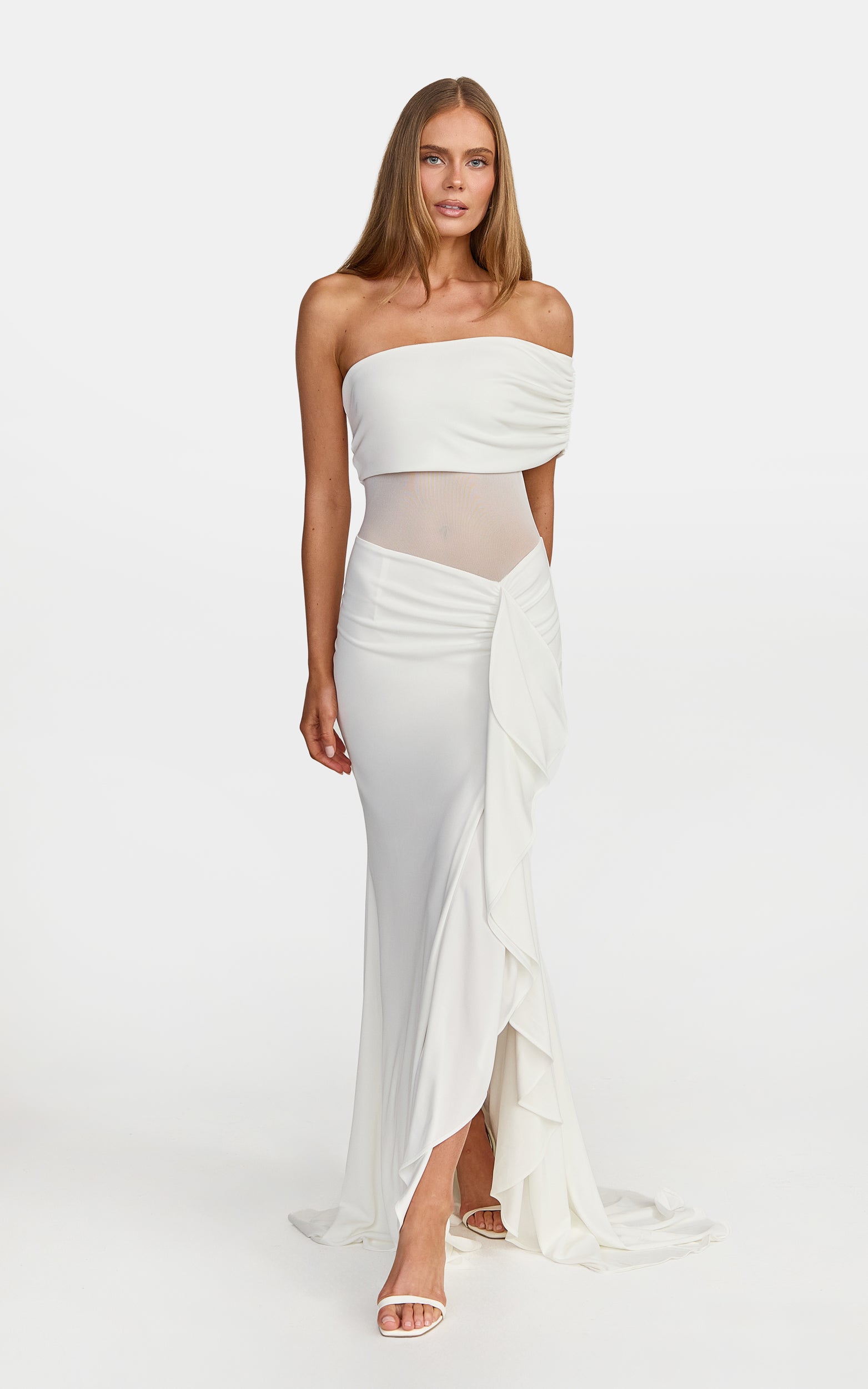 Hallie Maxi Dress - One Shoulder Flounce Dress With Leg Split And Sheer Panel in White