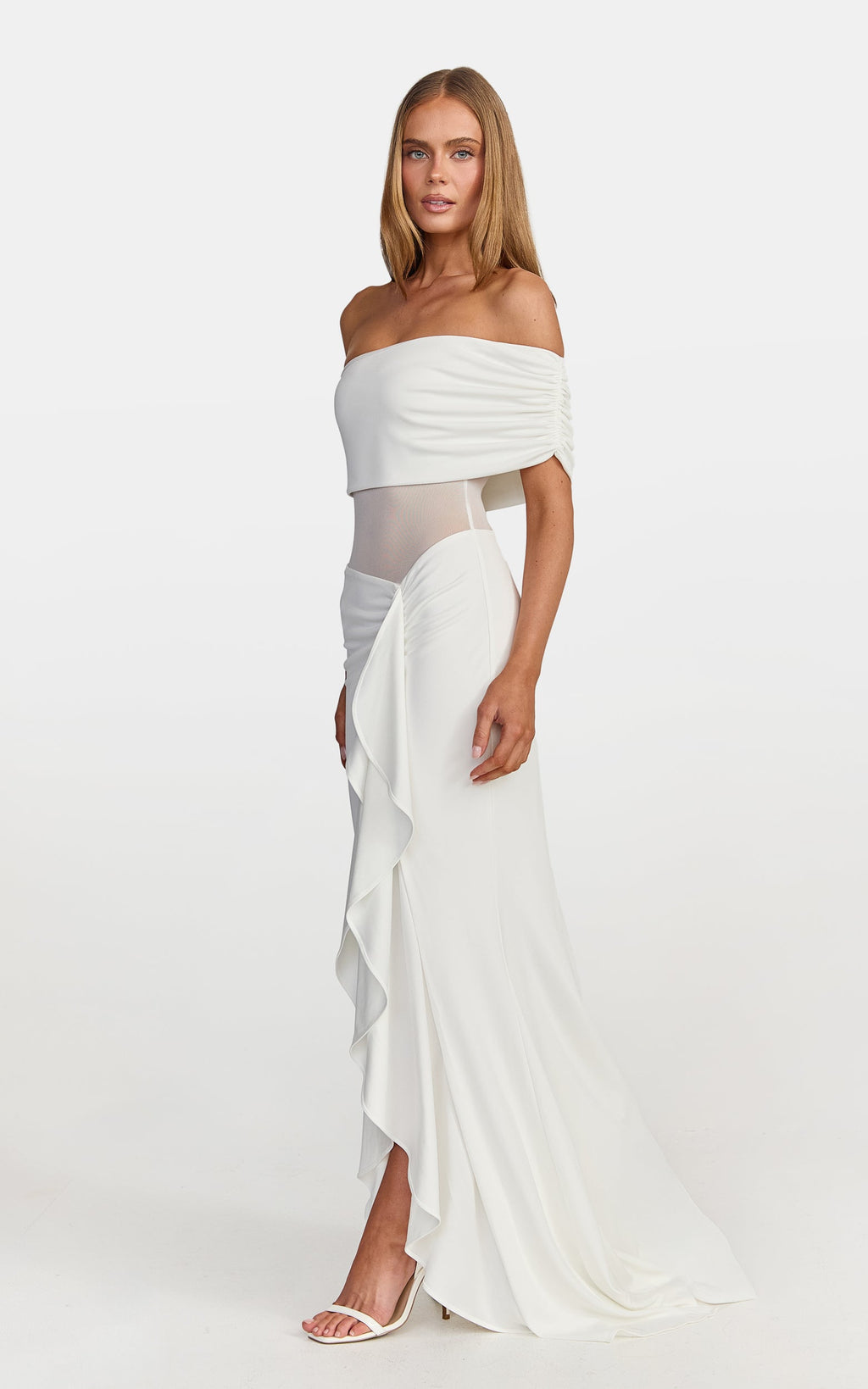 Hallie Maxi Dress - One Shoulder Flounce Dress With Leg Split And Sheer Panel in White