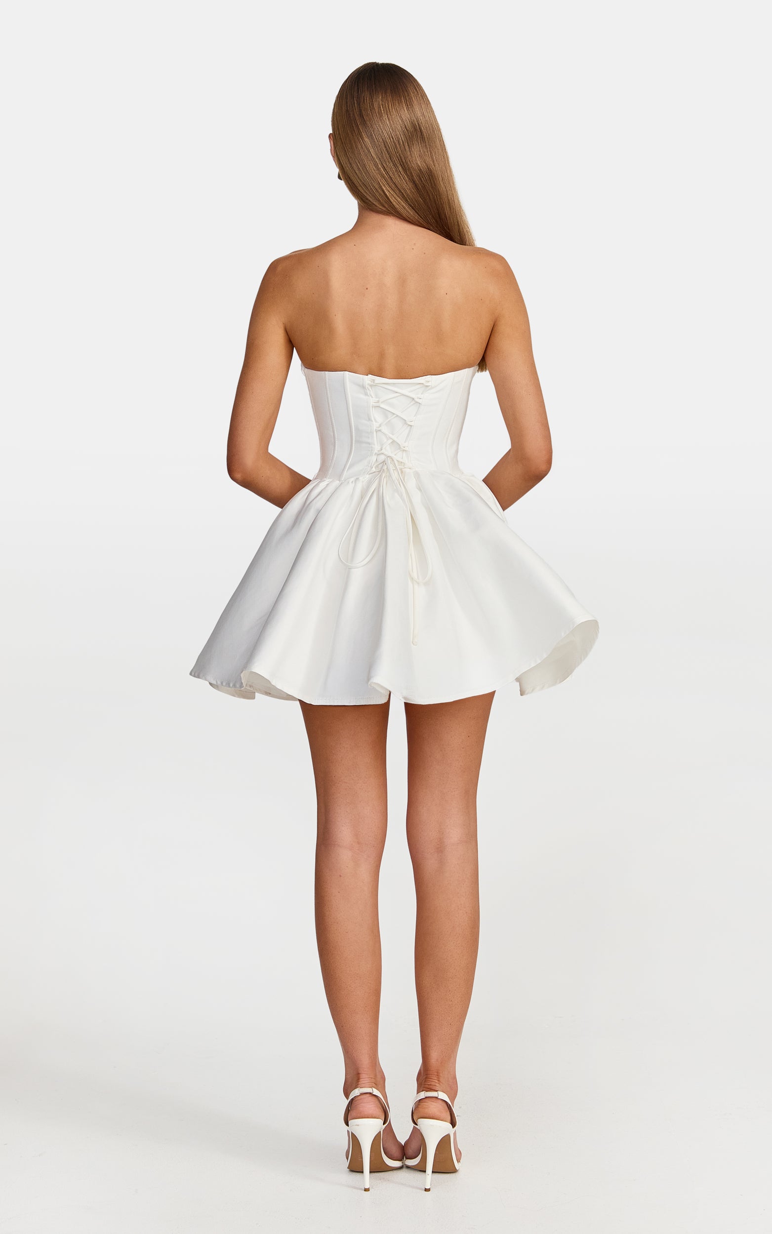 Lana Mini Dress - Ruched Bust Fit And Flare Strapless Corset Bodice Dress With Lace Up Back in White
