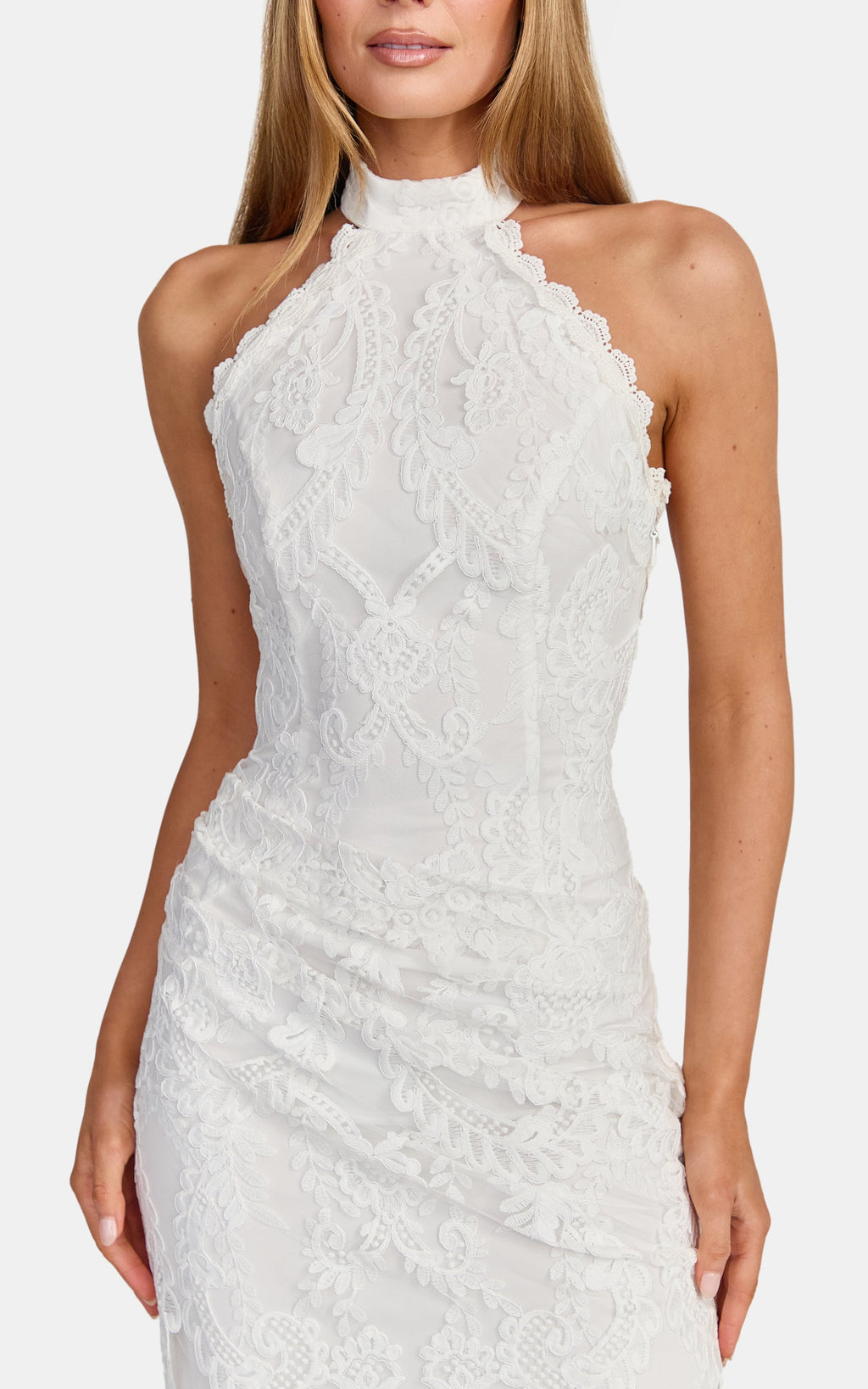 Molly Midi Dress - Backless Lace Halter Dress in White