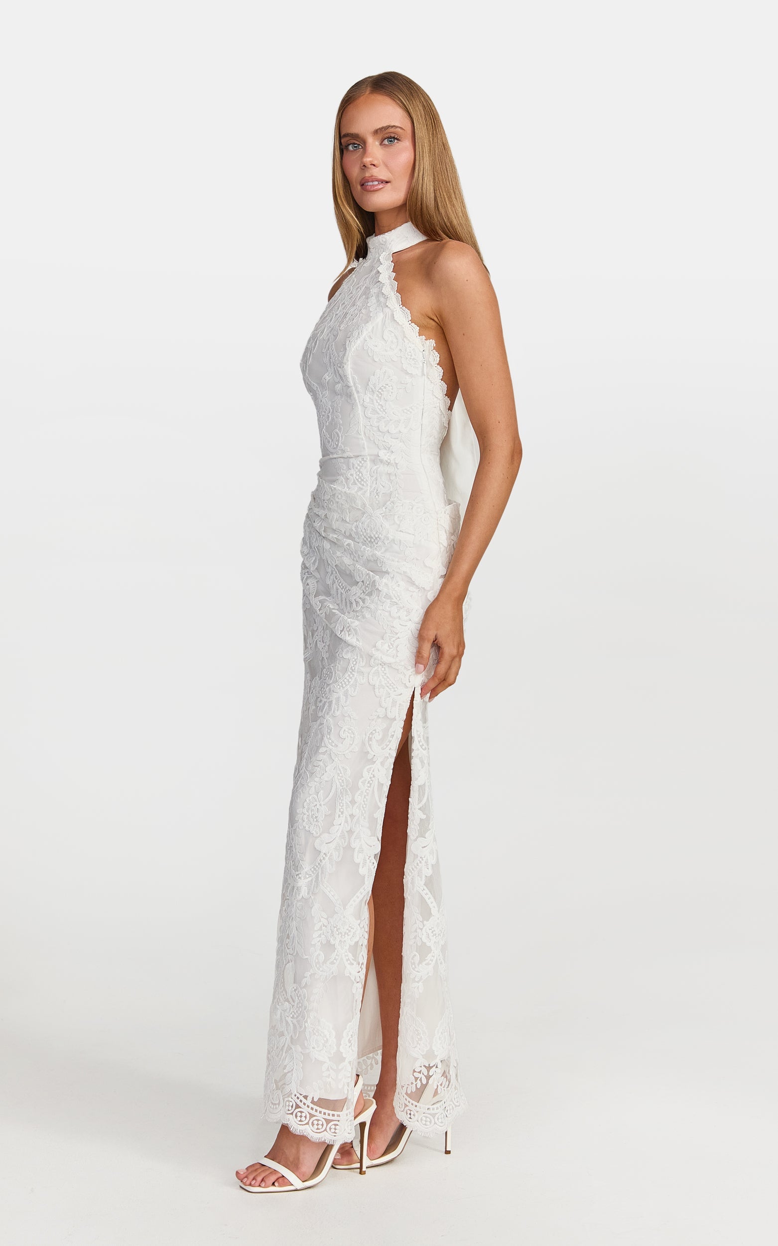 Molly Midi Dress - Backless Lace Halter Dress in White