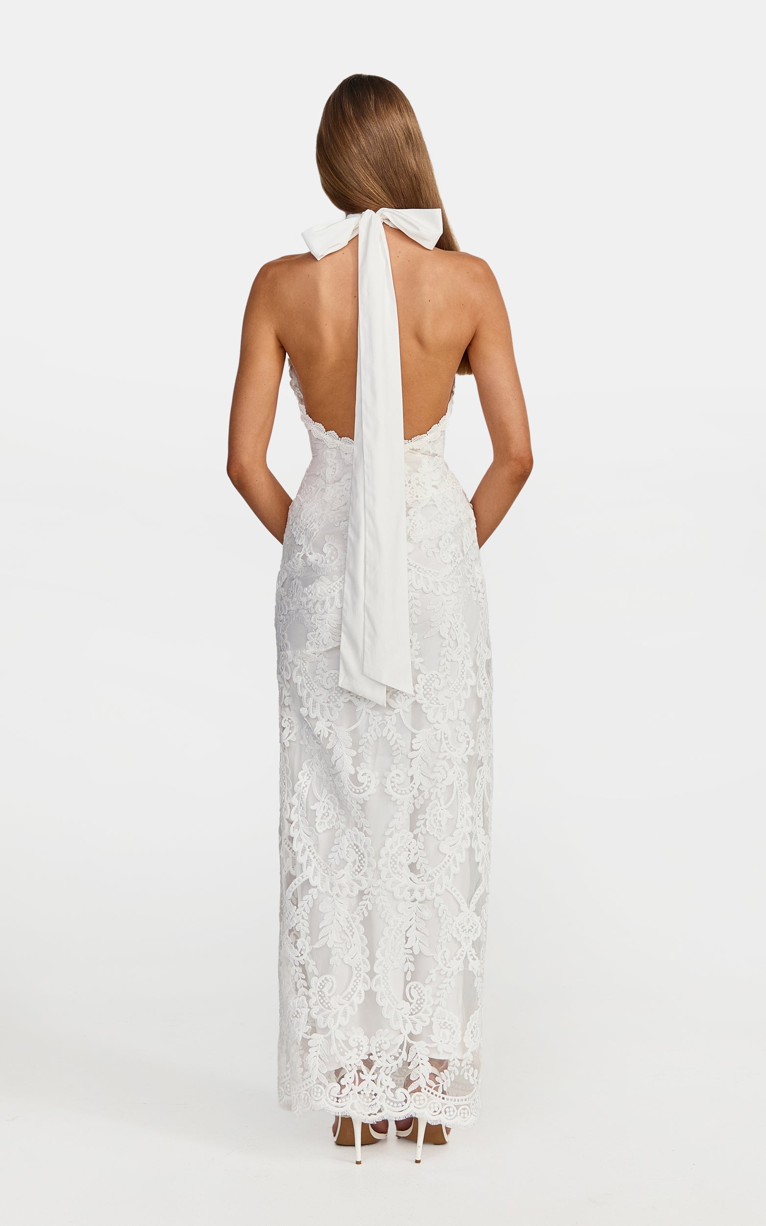 Molly Midi Dress - Backless Lace Halter Dress in White