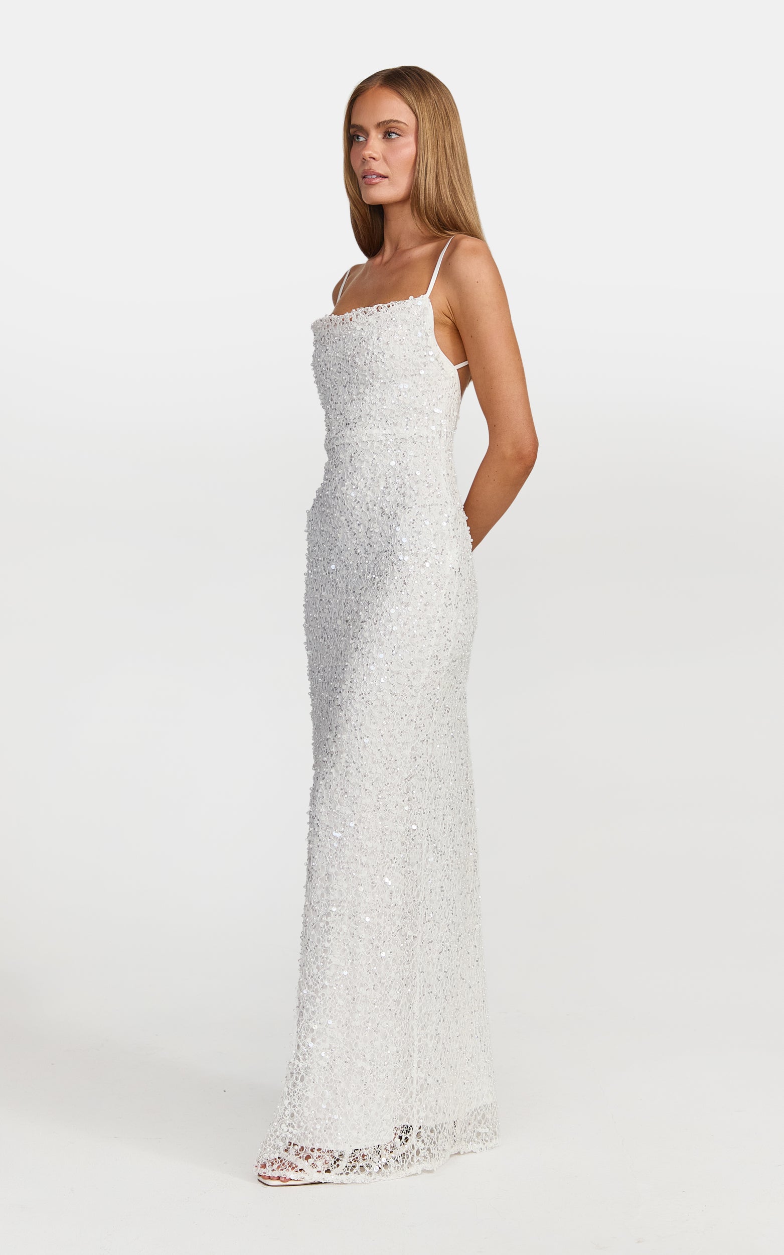 Nina Maxi Dress - Backless Sequin Embellished Beaded Dress in White