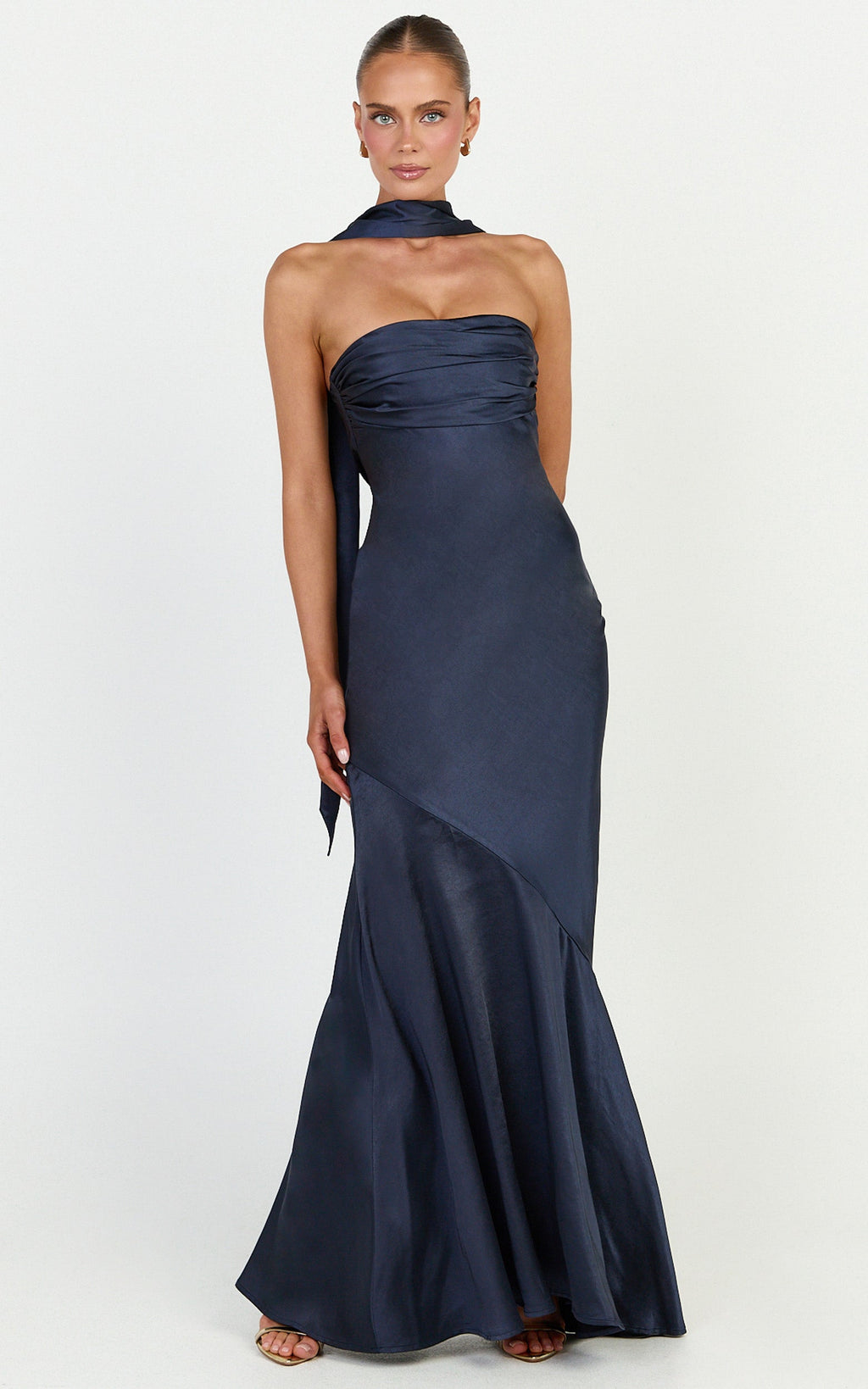 Odette Maxi Dress - Strapless Slip Dress With Neck Scarf in Navy