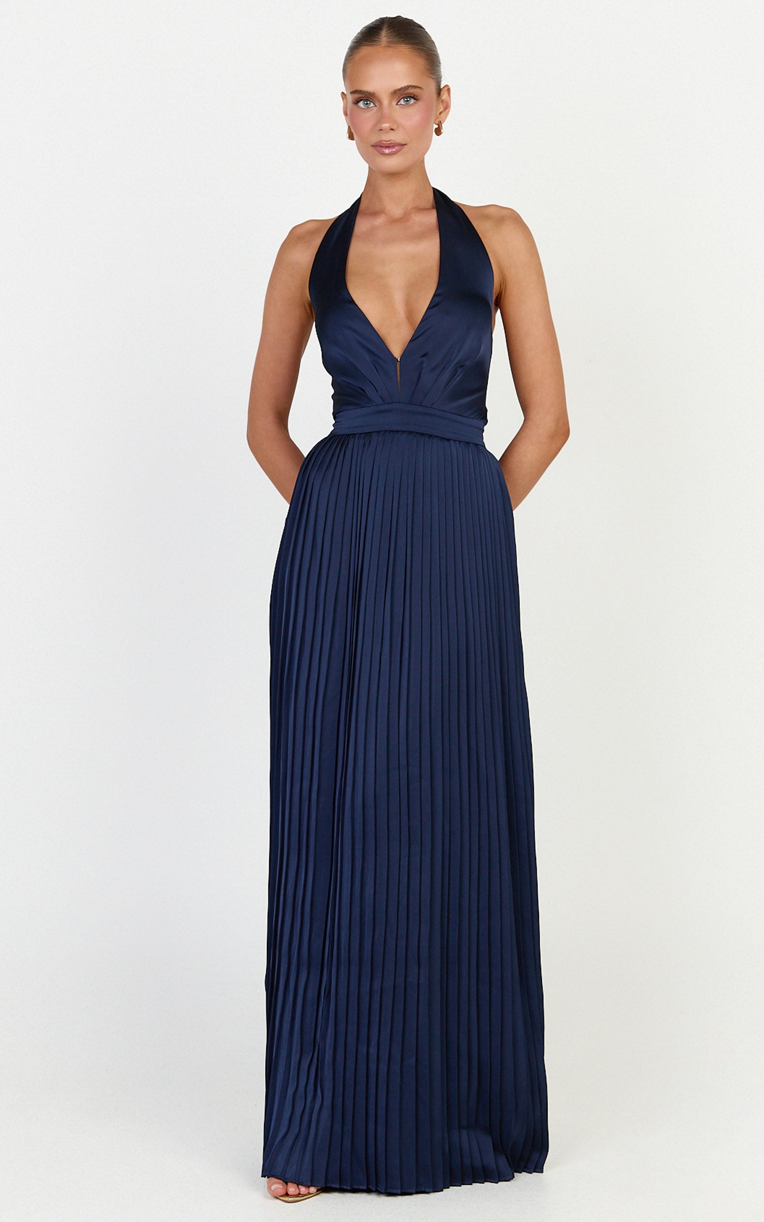 Kayla Maxi Dress - Plunge Neckline Pleated Halter Dress in Navy