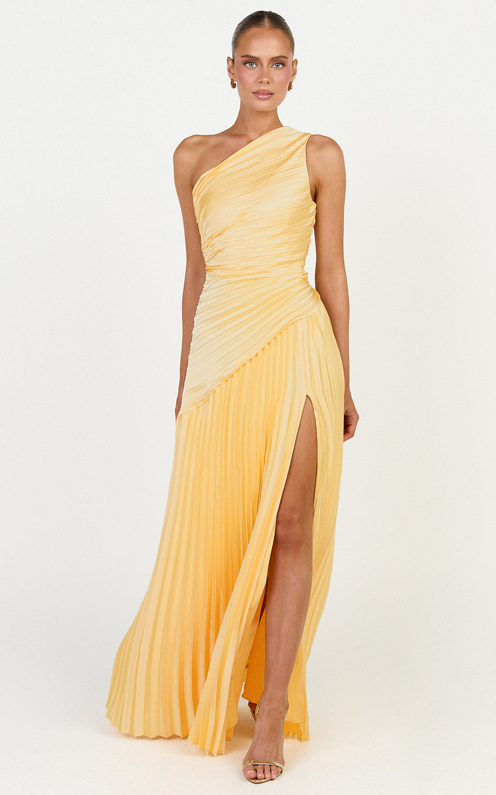 Clarissa Maxi Dress - One Shoulder Pleated Dress in Butter Yellow