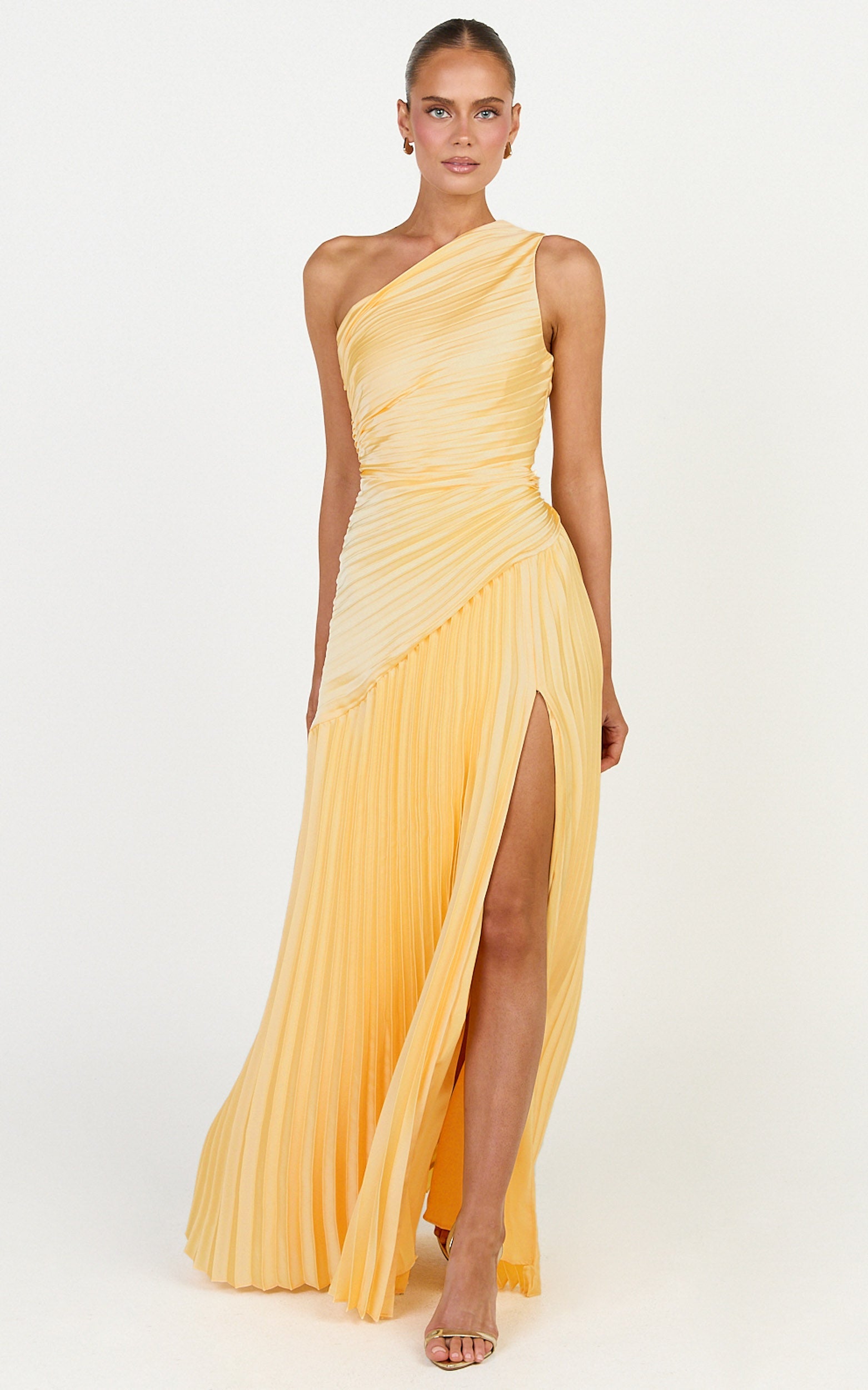 Clarissa Maxi Dress - One Shoulder Pleated Dress in Butter Yellow