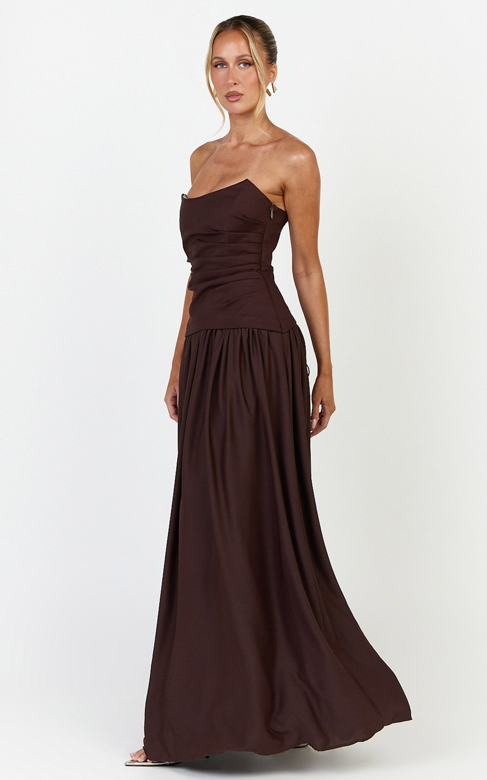 Marlowe Maxi Dress - Strapless Gathered Bodice Fit And Flare Dress in Chocolate