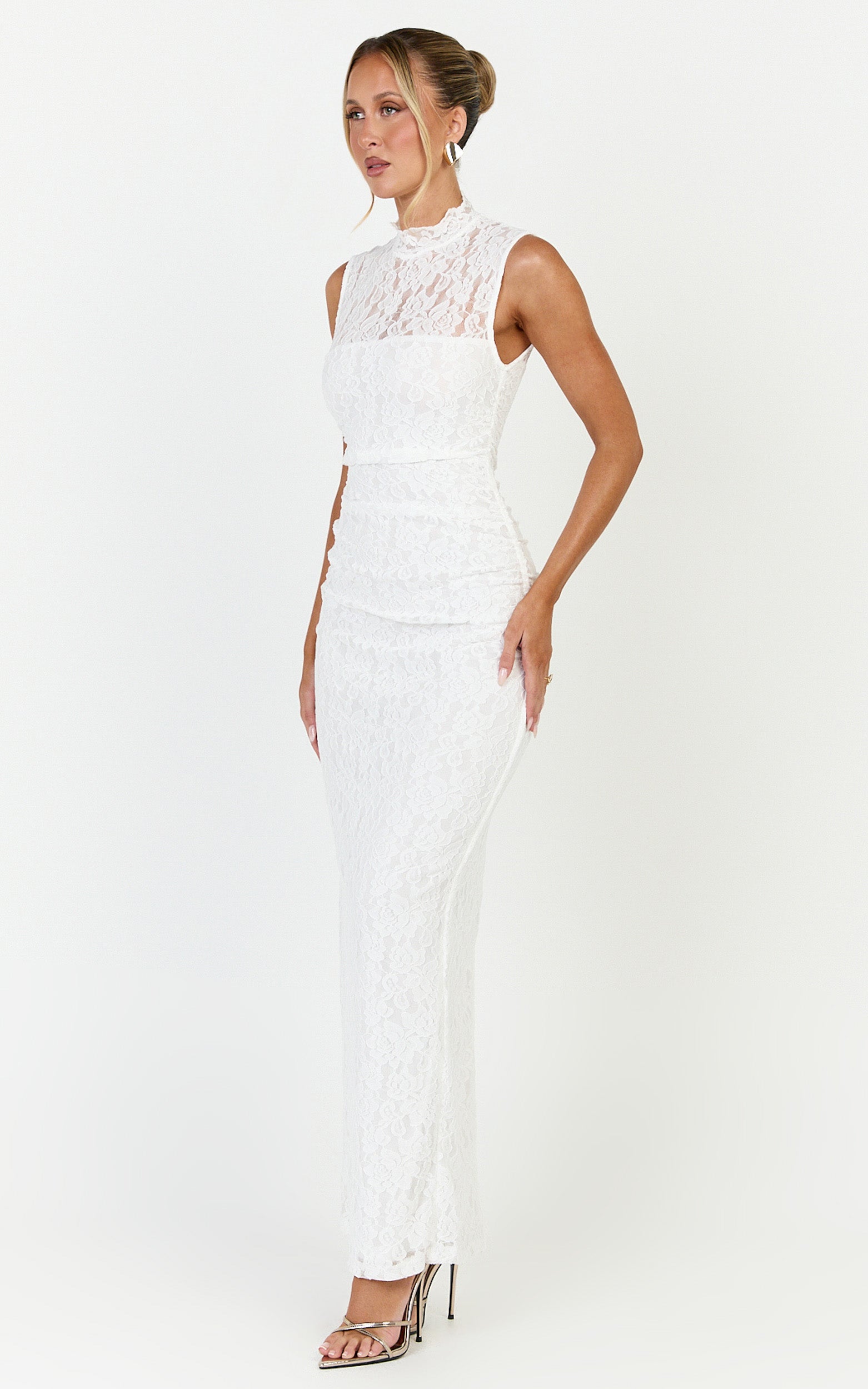 Luna Maxi Dress - Lace High Neck Sleeveless Dress in White