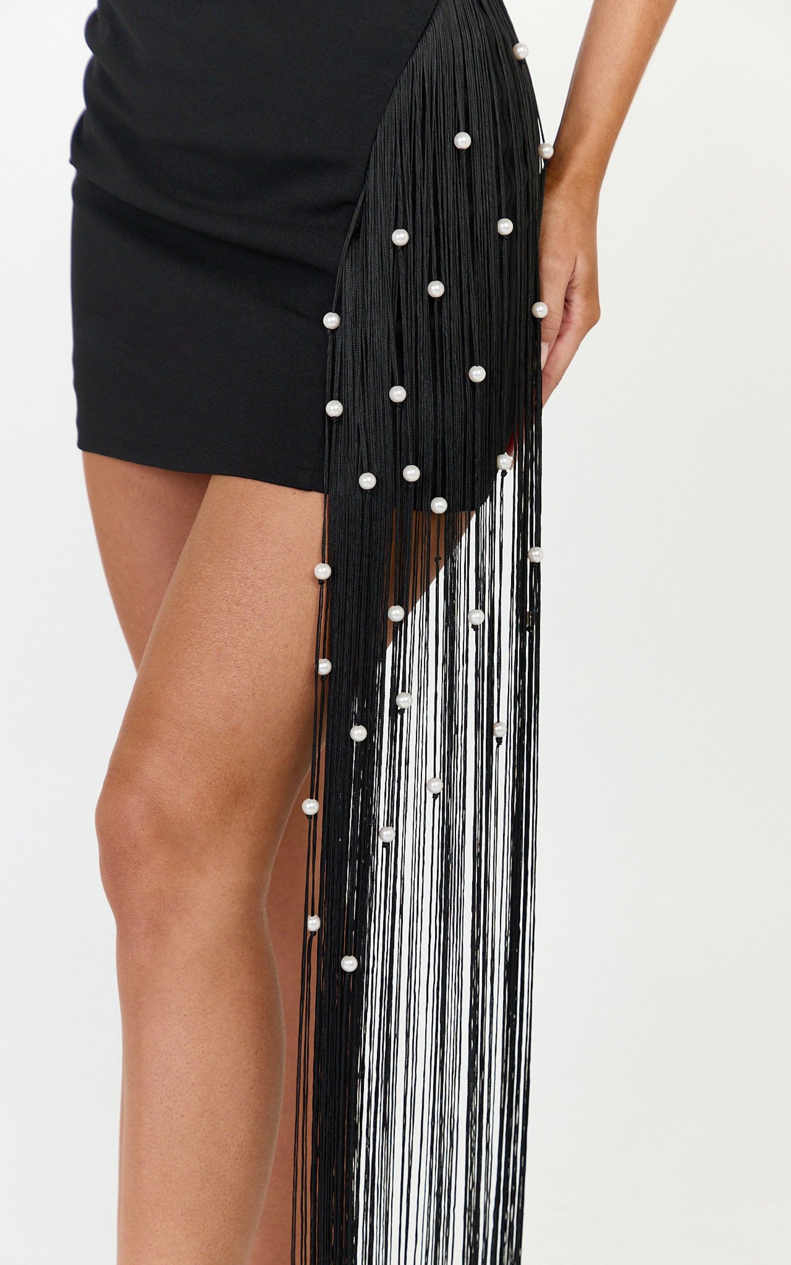 Liana Mini Dress - Boat Neckline Pearl Fringe Dress in Black