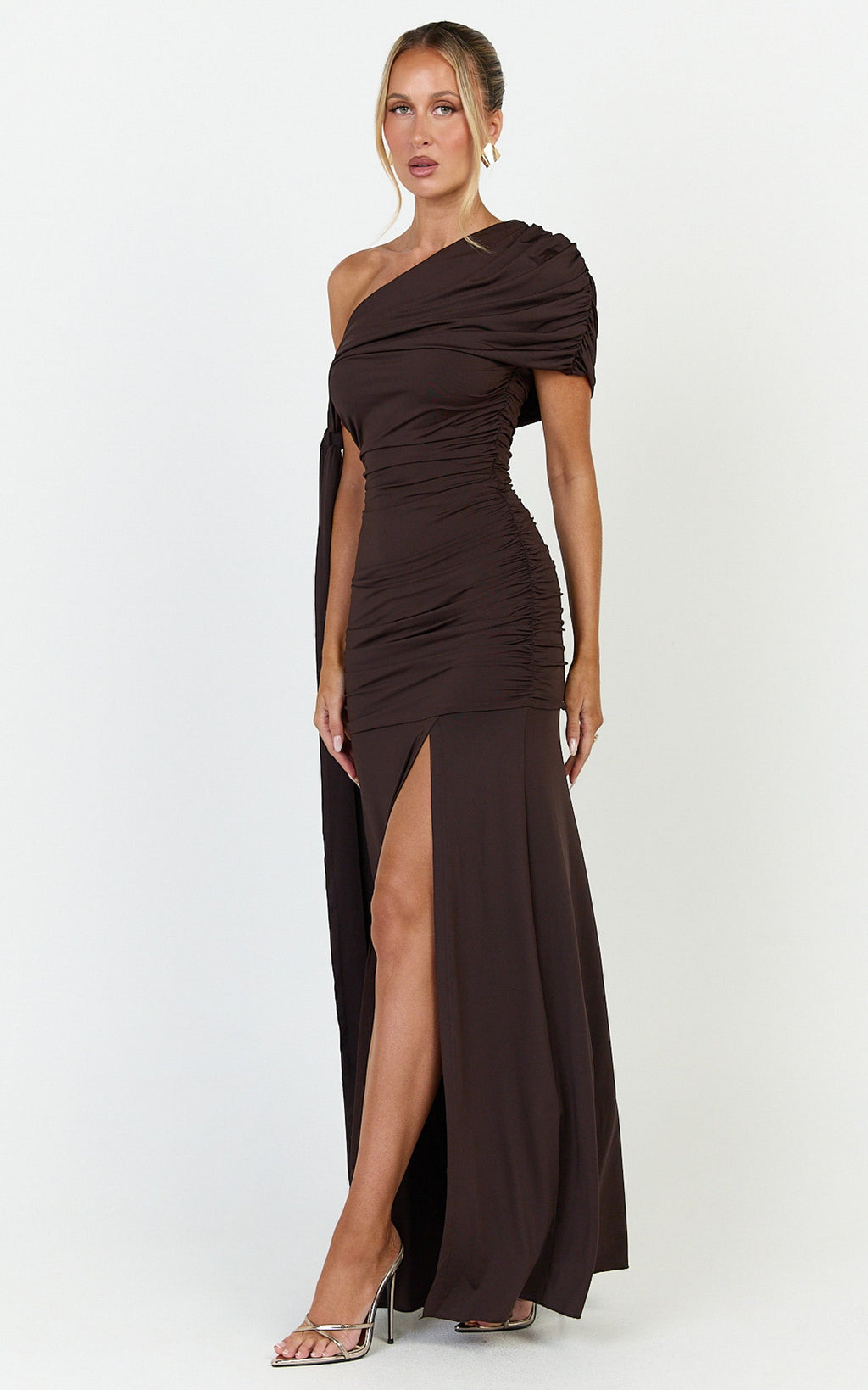 Bree Maxi Dress - Cape Tie Off Shoulder Fit And Flare Dress in Chocolate
