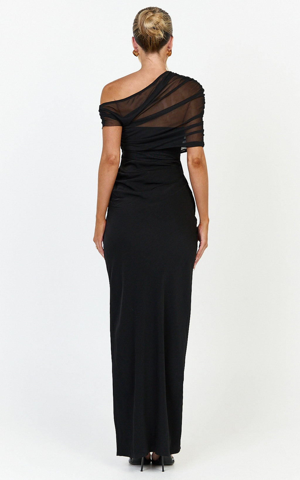 Nami Maxi Dress - Overlay Off Shoulder Draped Cowl Waist Dress in Black