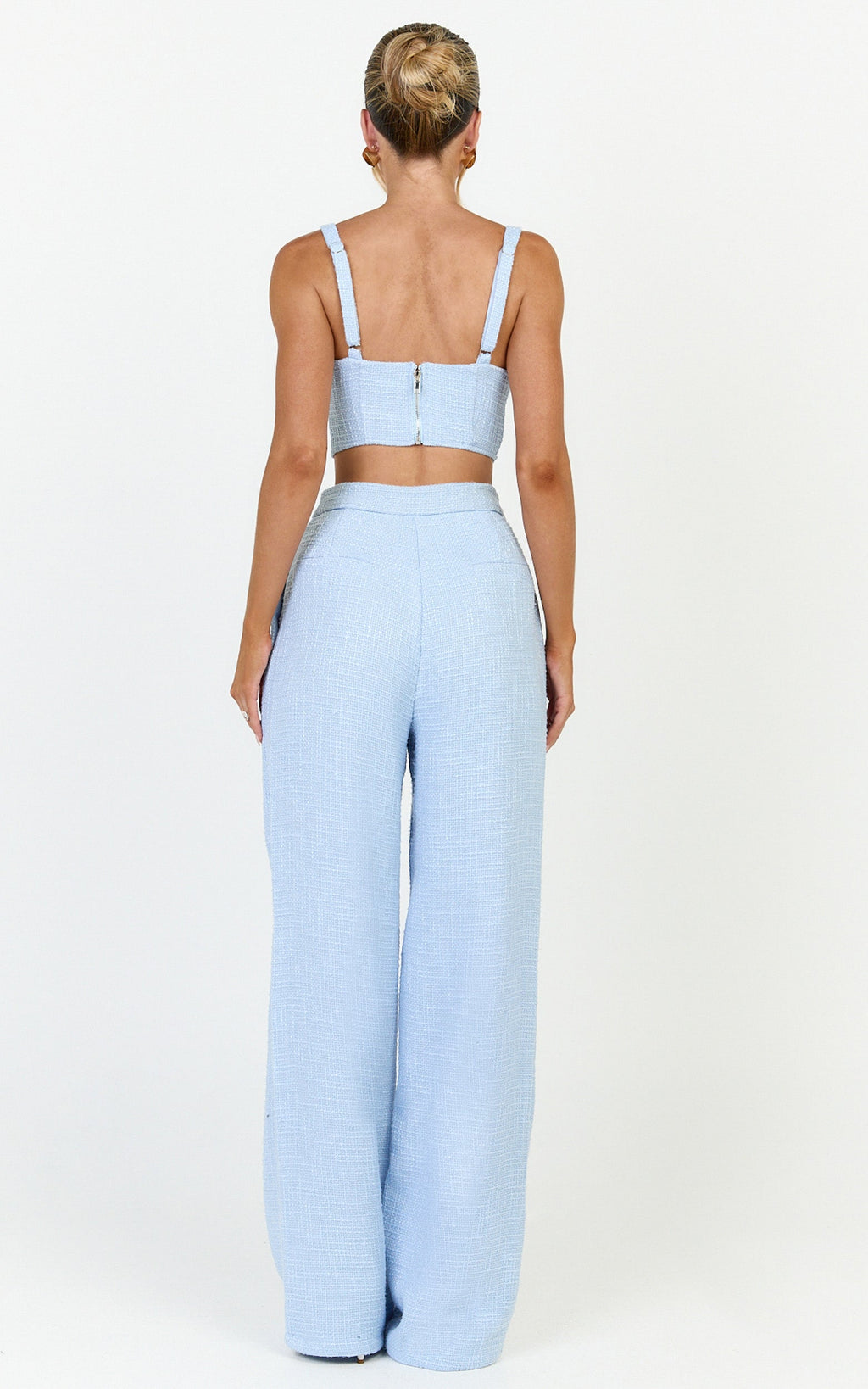 Sylvia Two Piece Set - Corset Top and High Waisted Wide Leg Pants Set in Blue