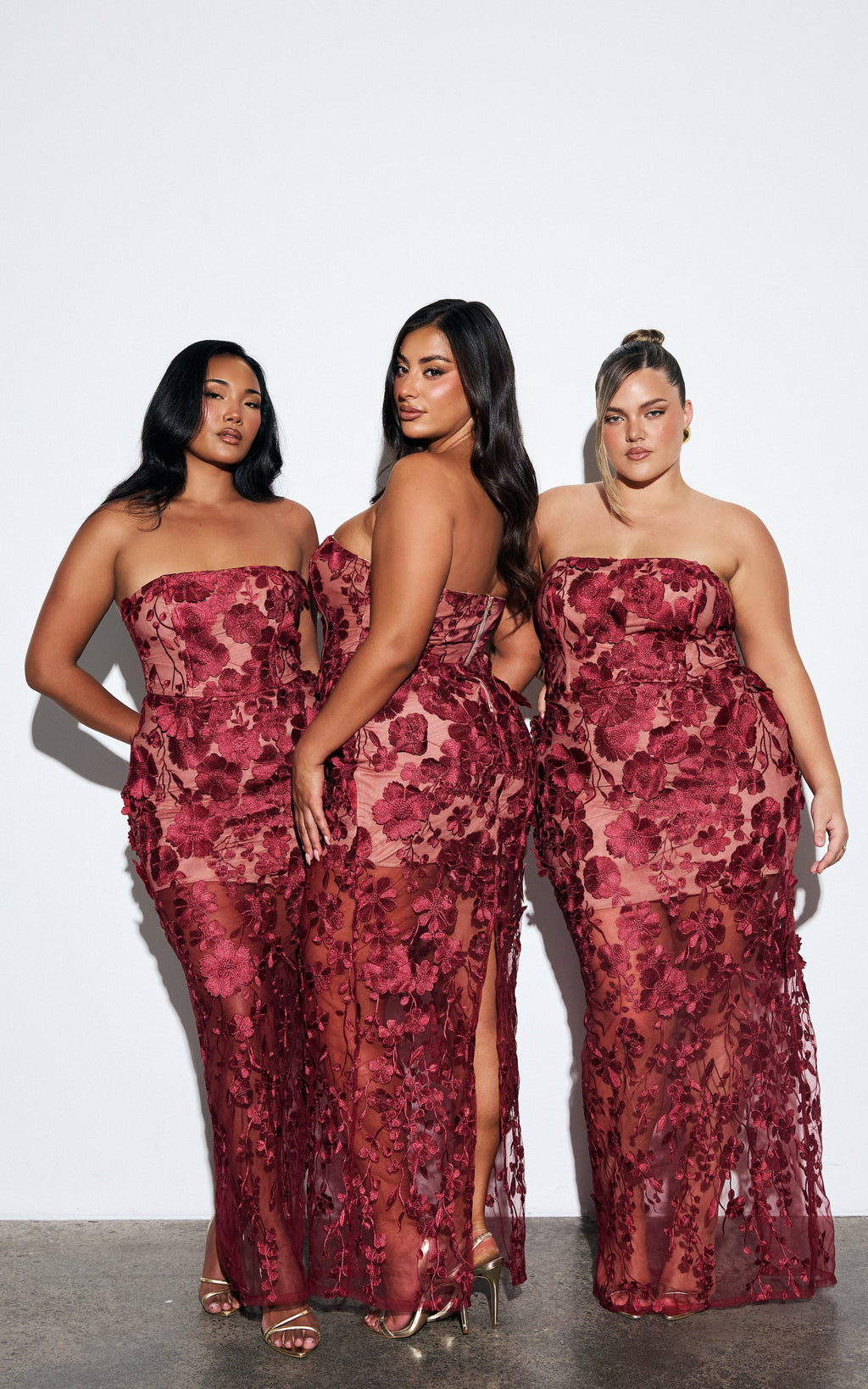 Sienna Maxi Dress - 3D Floral Strapless Column Dress in Wine
