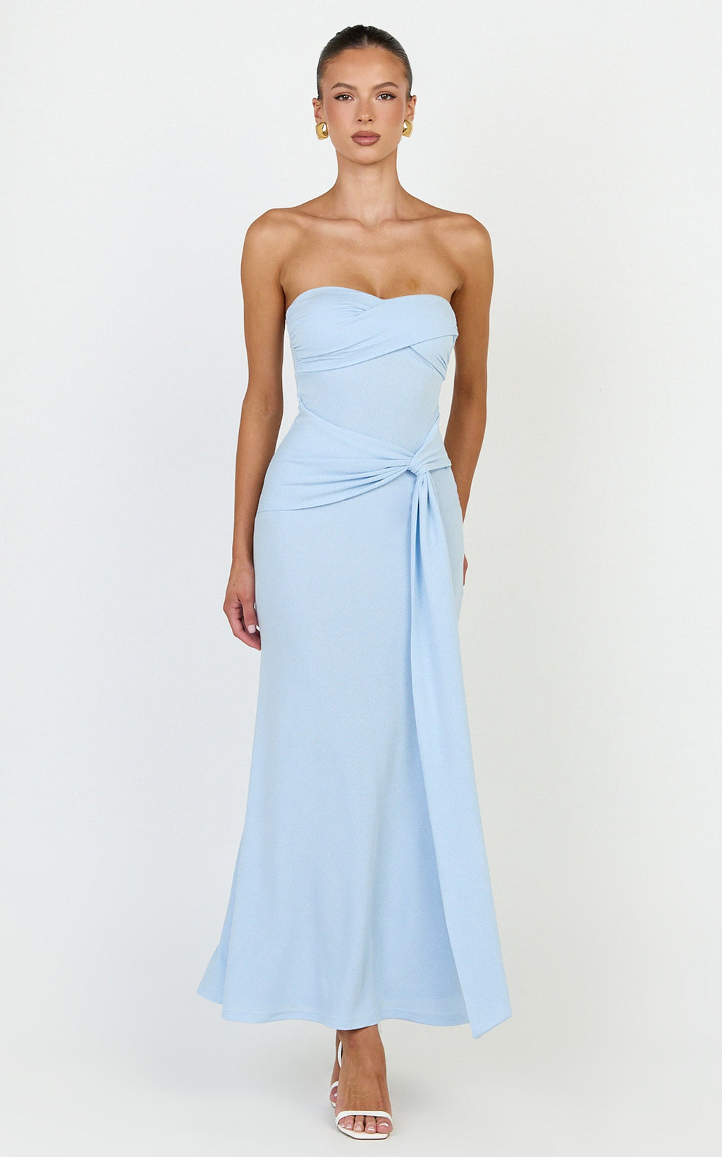 Aria Midi Dress - Strapless Tie Waist Dress in Light Blue