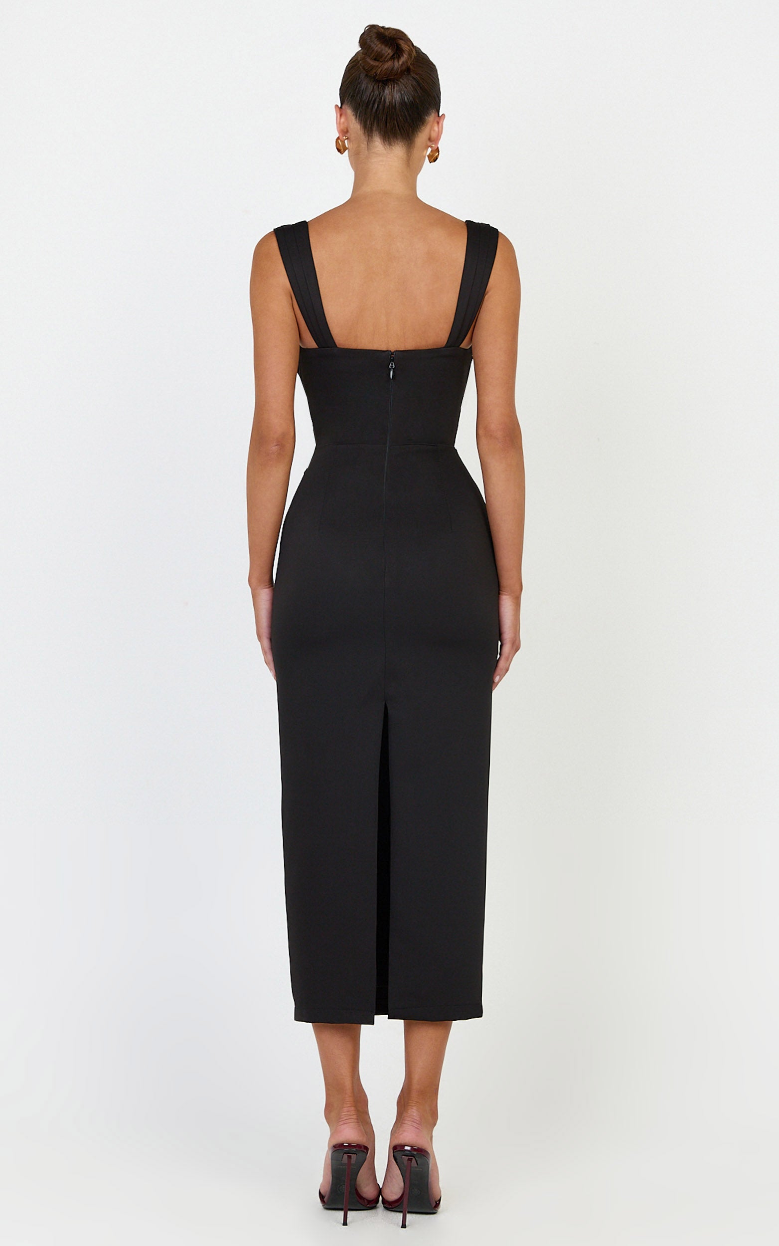 Kenna Midi Dress - Gathered Bust Tucked Waist Dress in Black