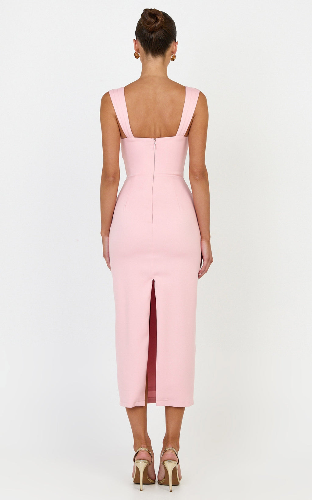 Kenna Midi Dress - Gathered Bust Tucked Waist Dress in Pink