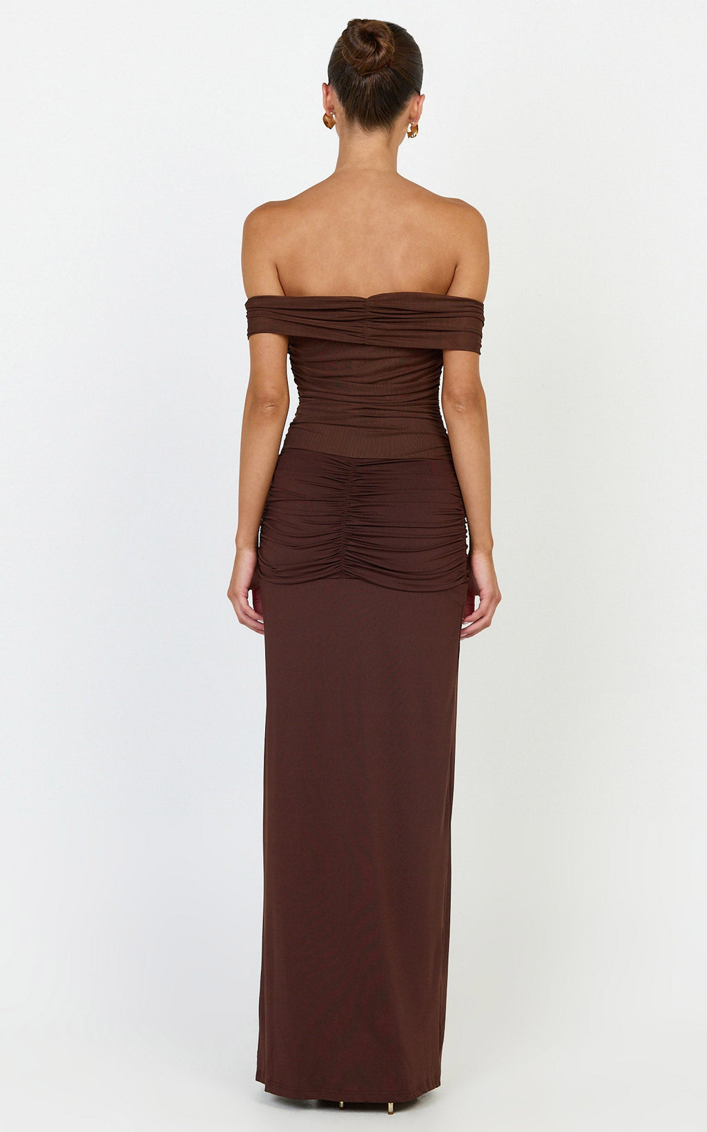 Vienna Maxi Dress - Off Shoulder Gathered Bodice Dress in Chocolate