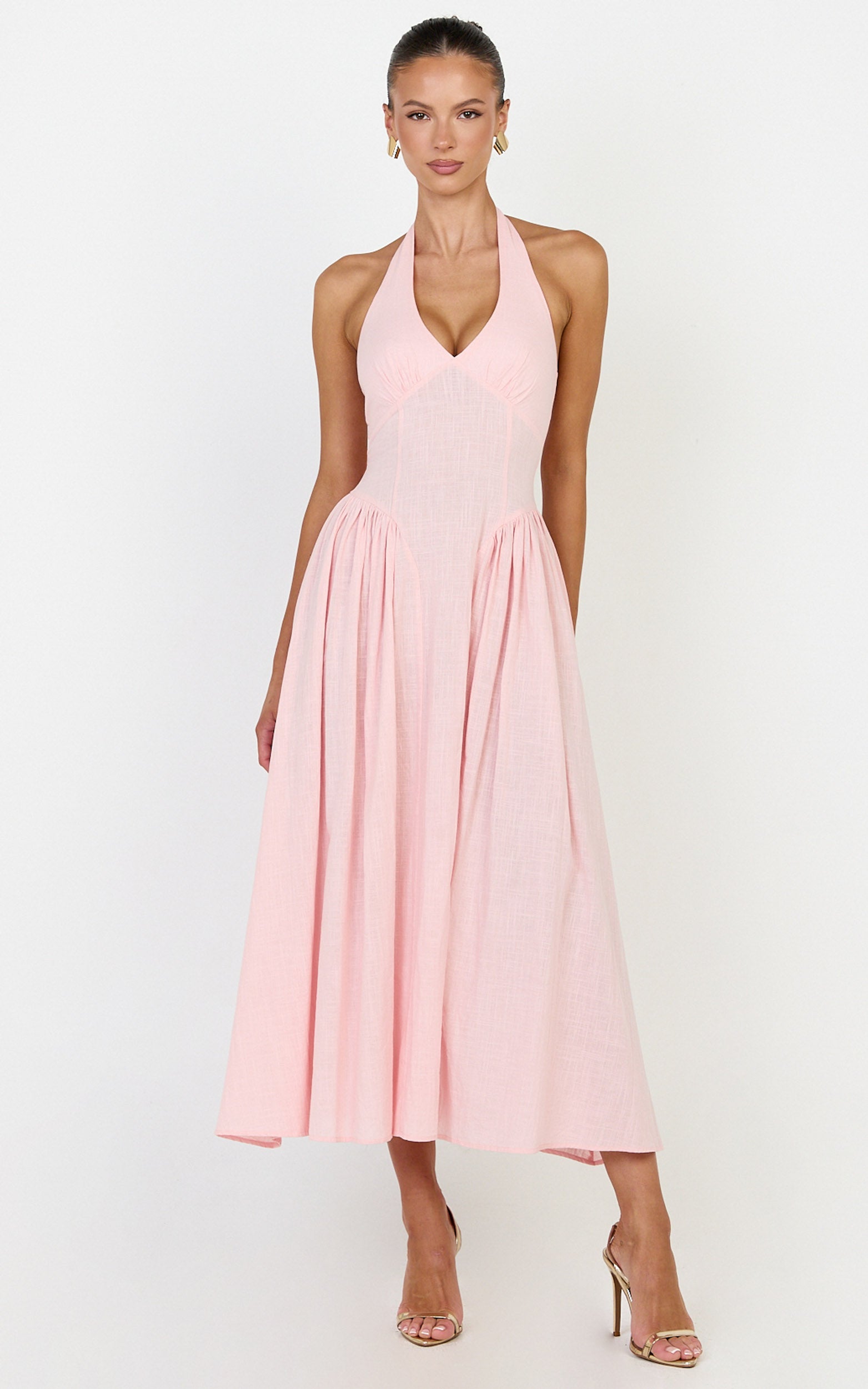 Athena Midi Dress - Halter Drop Waist Dress in Pink