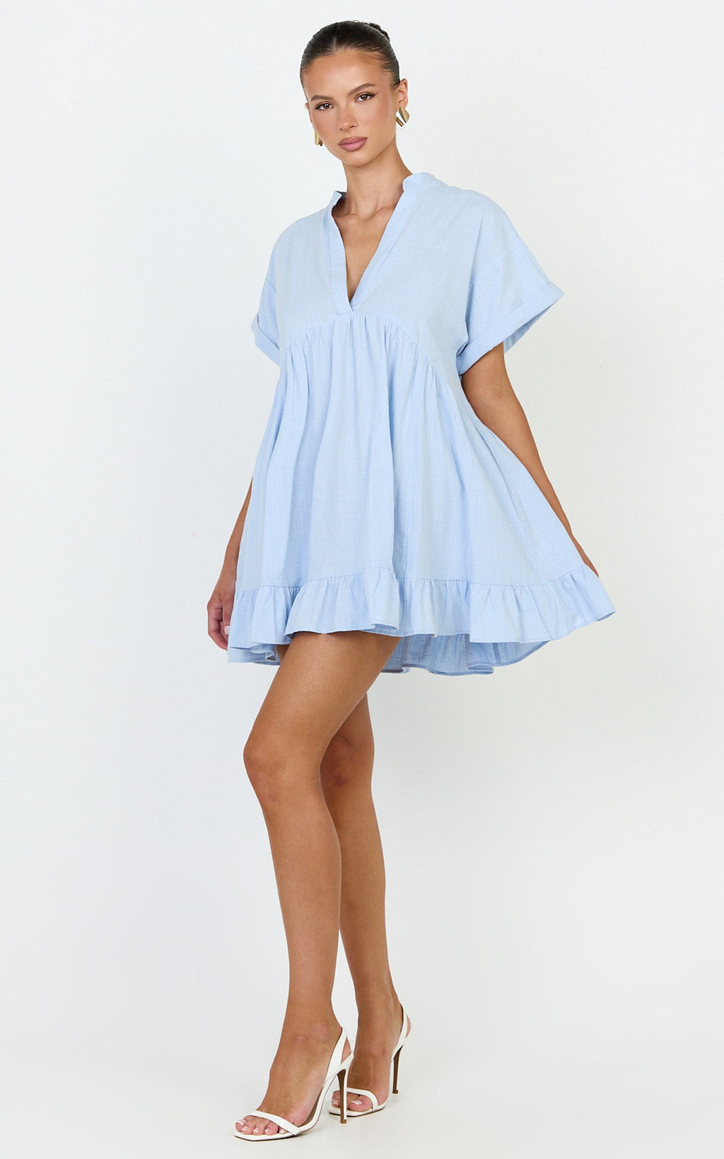 Calissa Mini Dress - Frill Hem Smock Dress in Light Blue