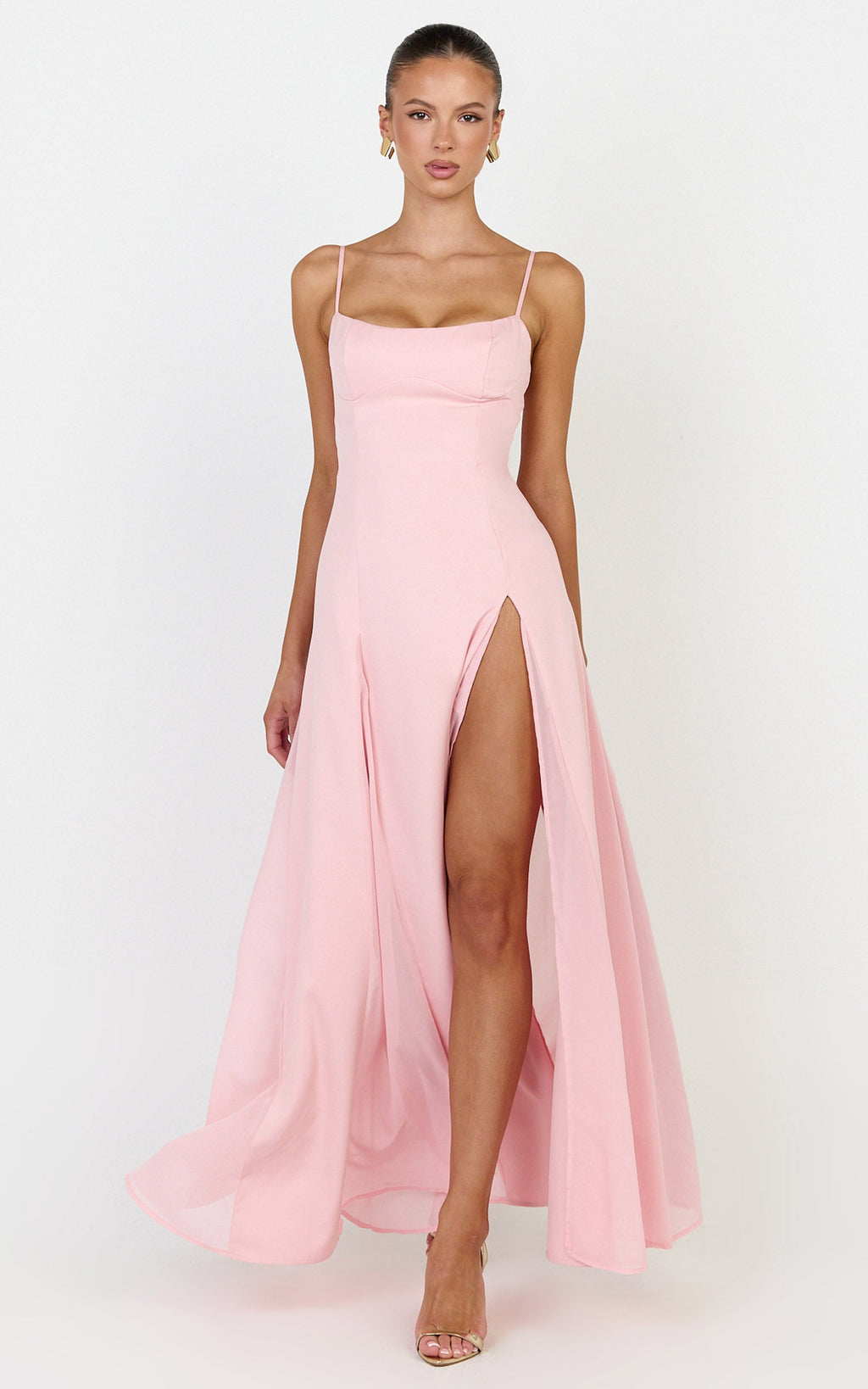 Juliette Maxi Dress - Sweetheart Neckline Georgette Godet Dress in Pink