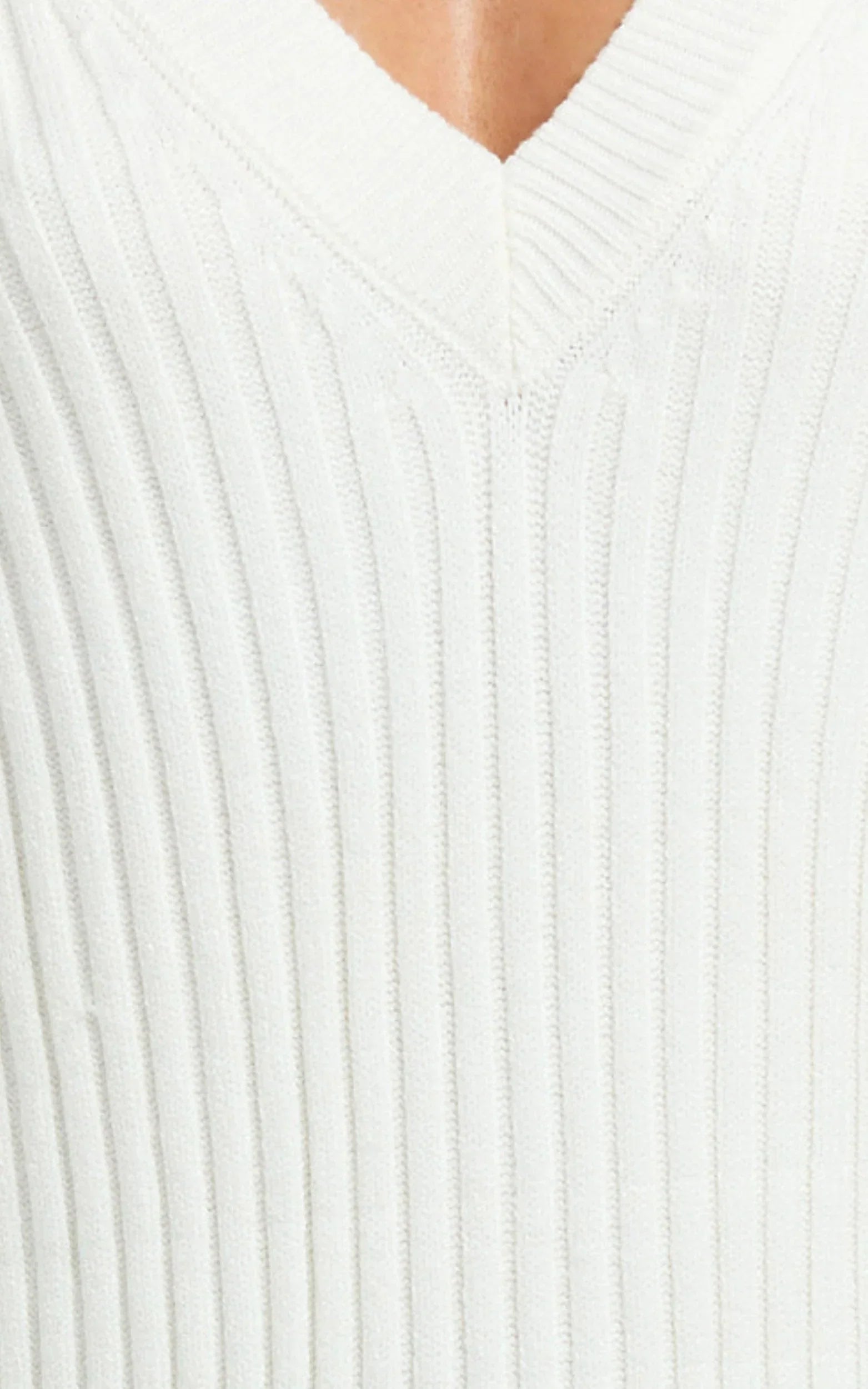 Kartia Midi Dress - V Neck Knit Dress in Off White