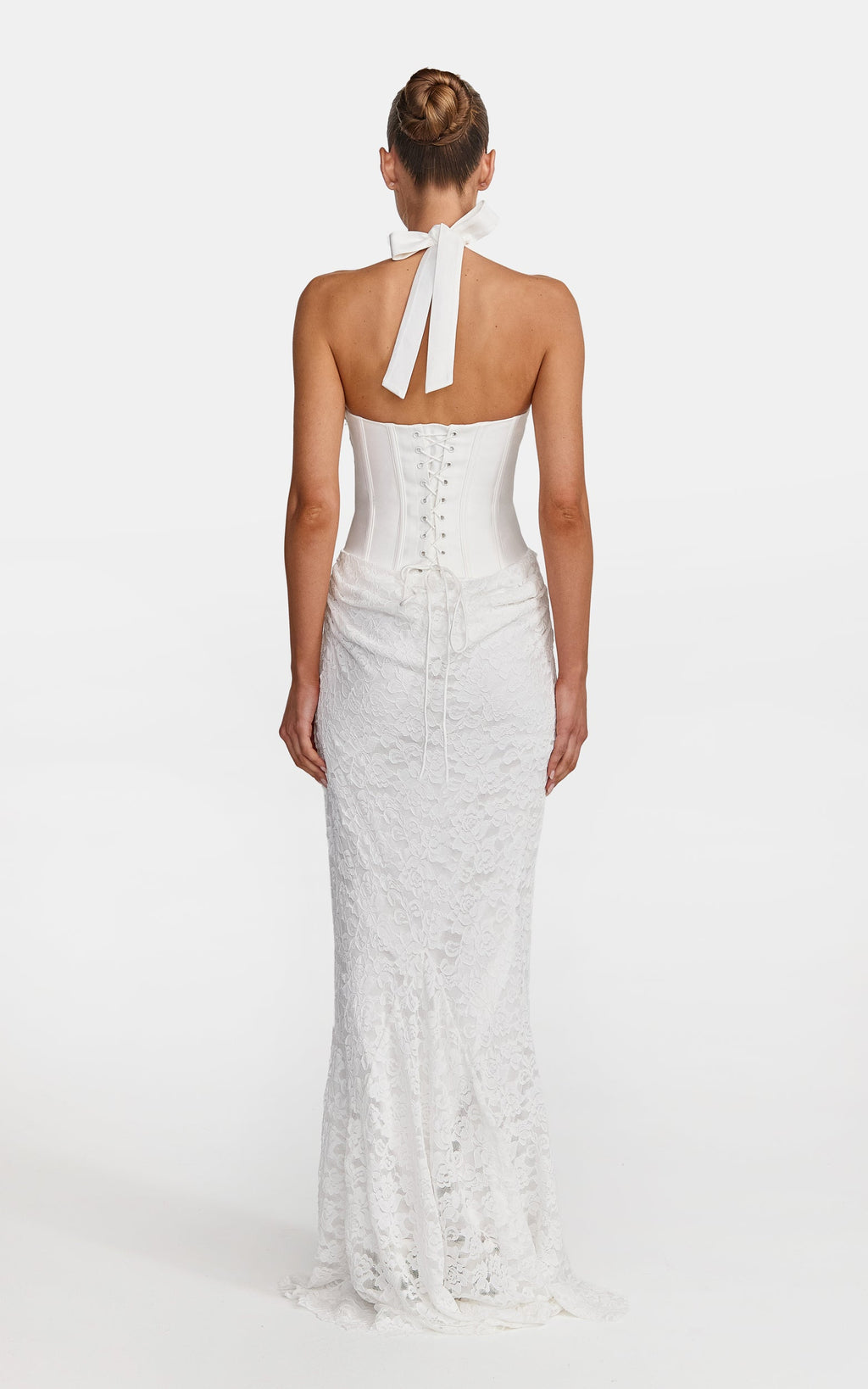 Tilly Maxi Dress - Lace Plunge Neckline Halter Dress in White