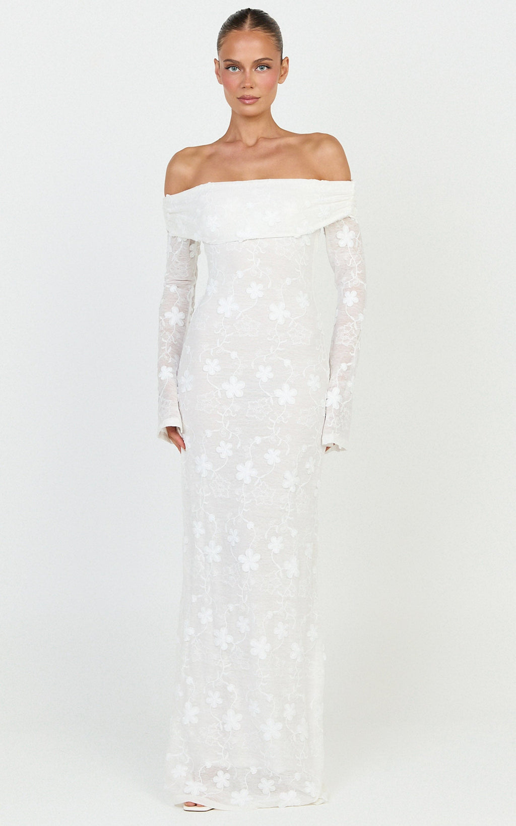 Aurelle Maxi Dress - Off Shoulder Floral Embroidered Dress in Ivory