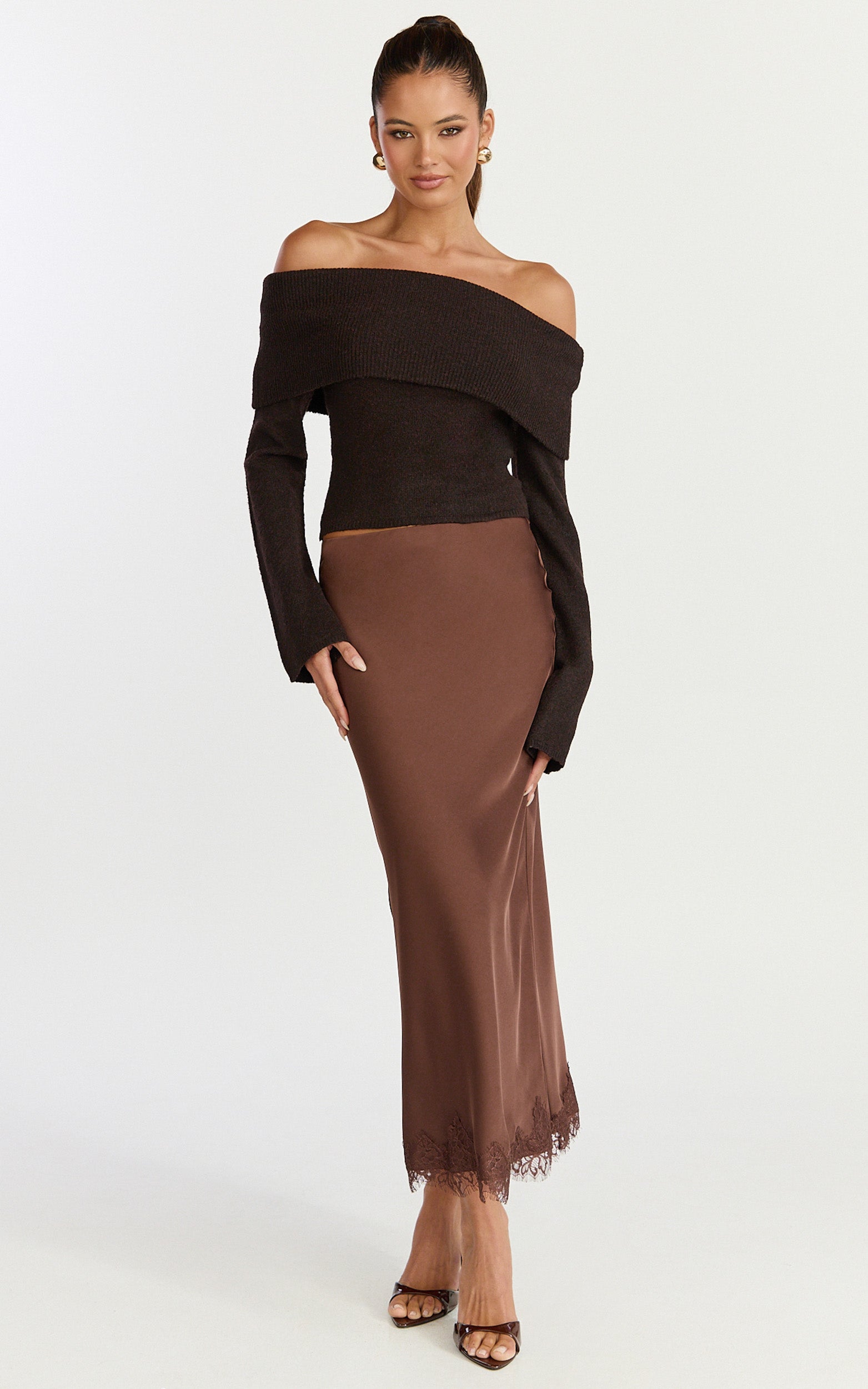Darcie Top - Off Shoulder Long Sleeve Knit Top in Chocolate