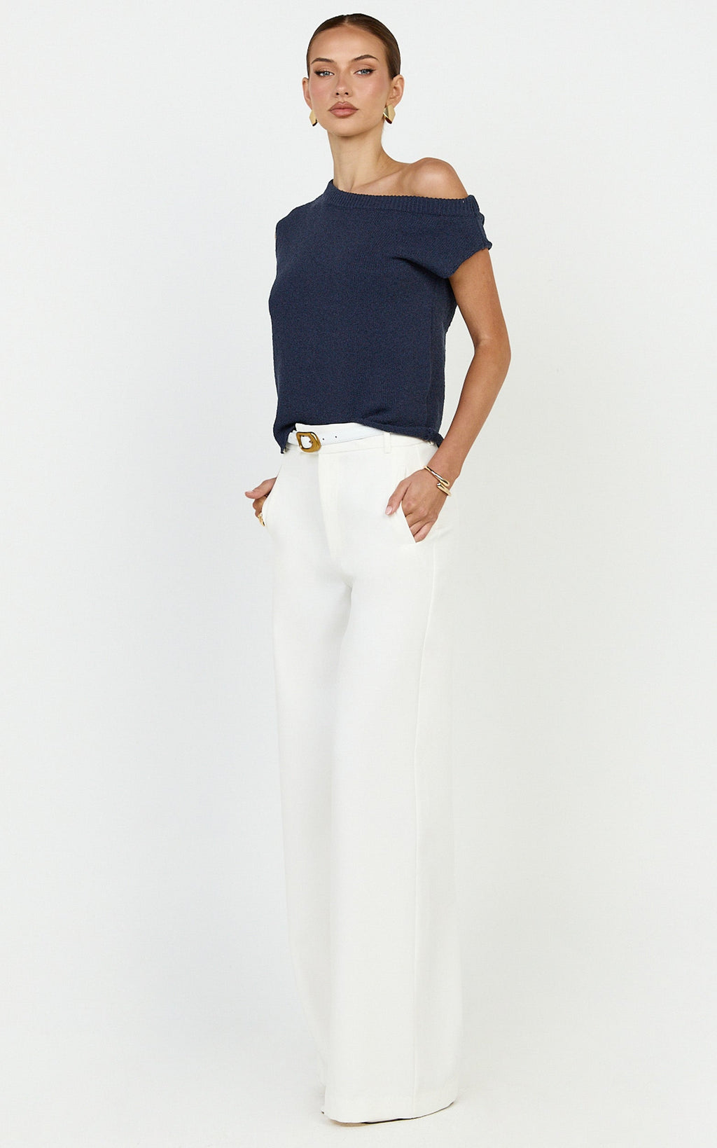 Marilou Top - Knit Off Shoulder Top in Navy