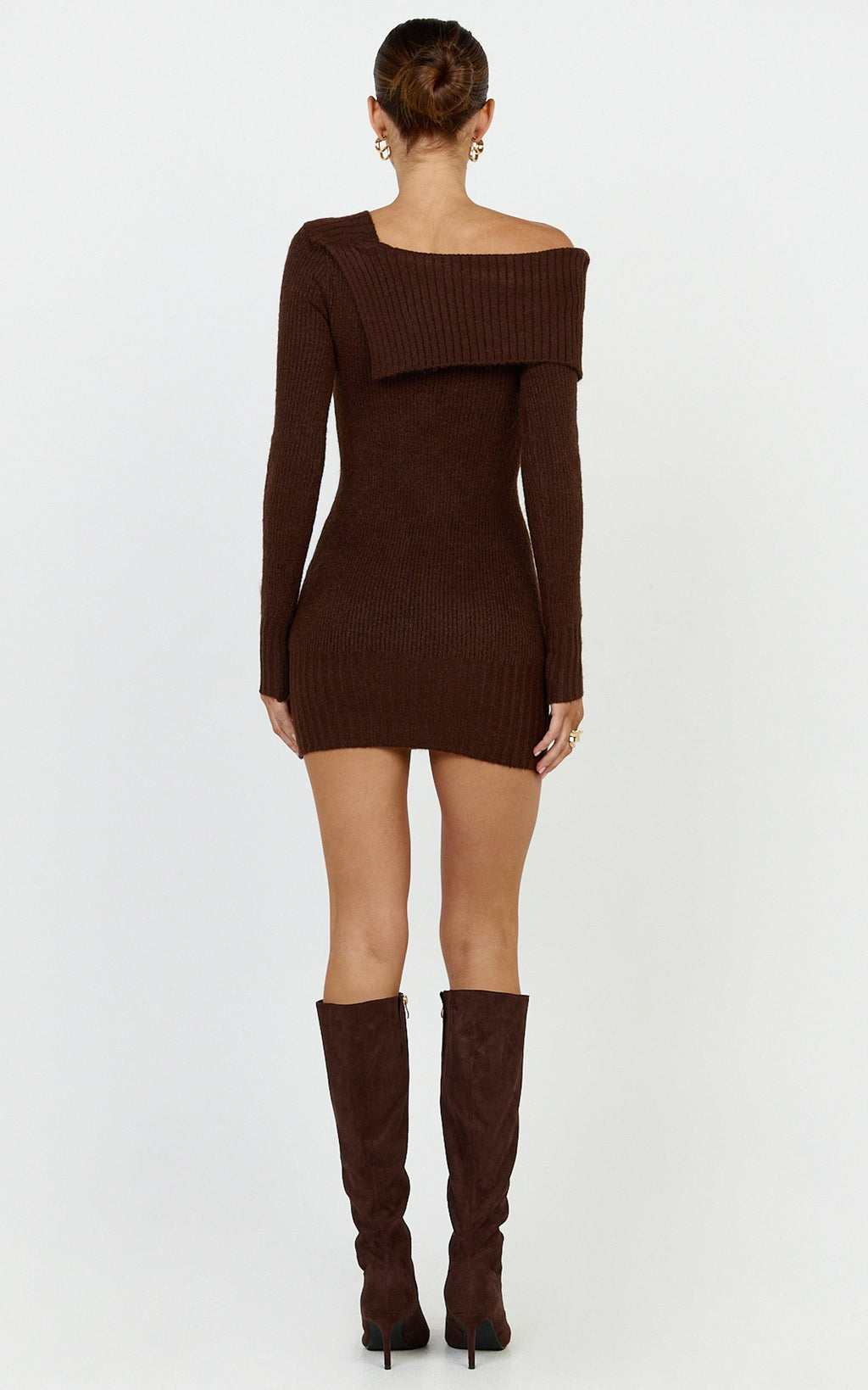 Tess Mini Dress - Asymmetric Off Shoulder Long Sleeve Knit Dress in Chocolate