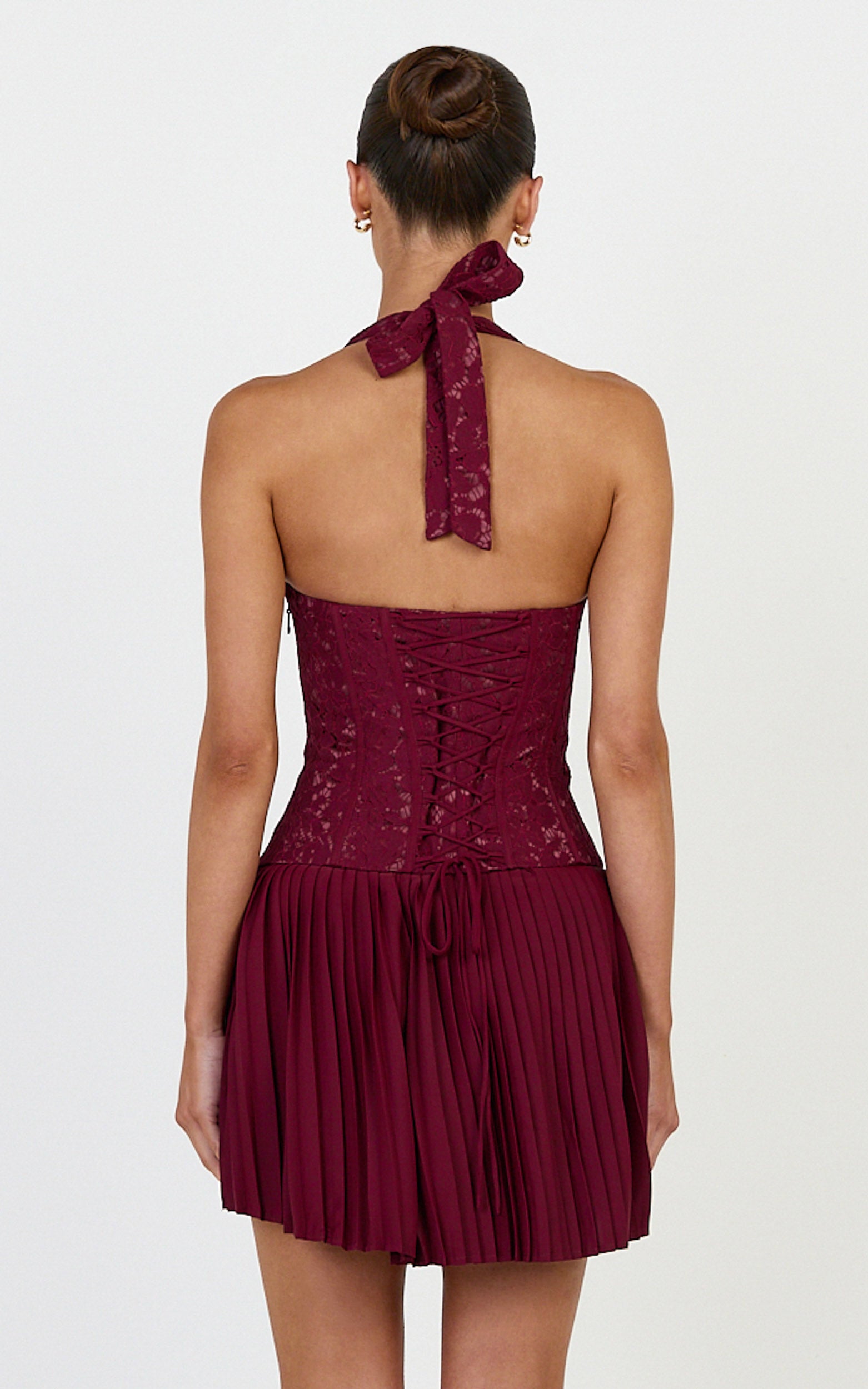 Malia Mini Dress - Lace Corset Bodice Pleated Skirt Halter Dress in Wine