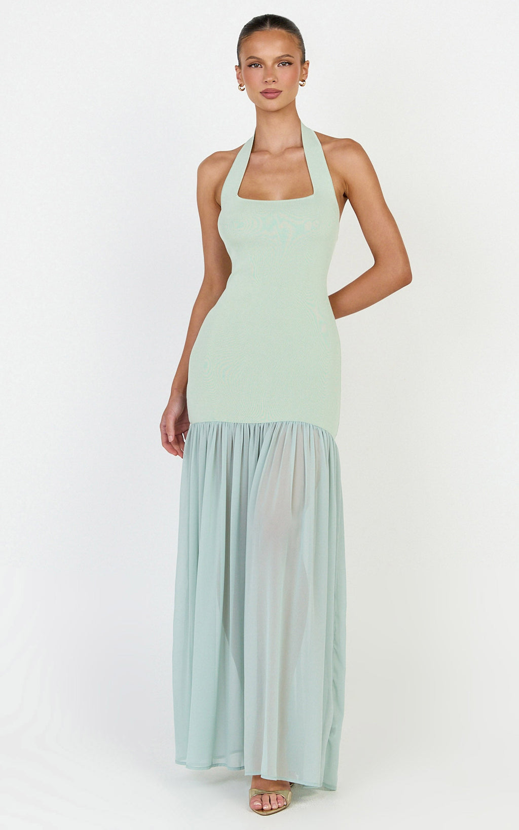 Barbara Maxi Dress - Halter Scoop Neck Contrast Georgette Dress in Sage