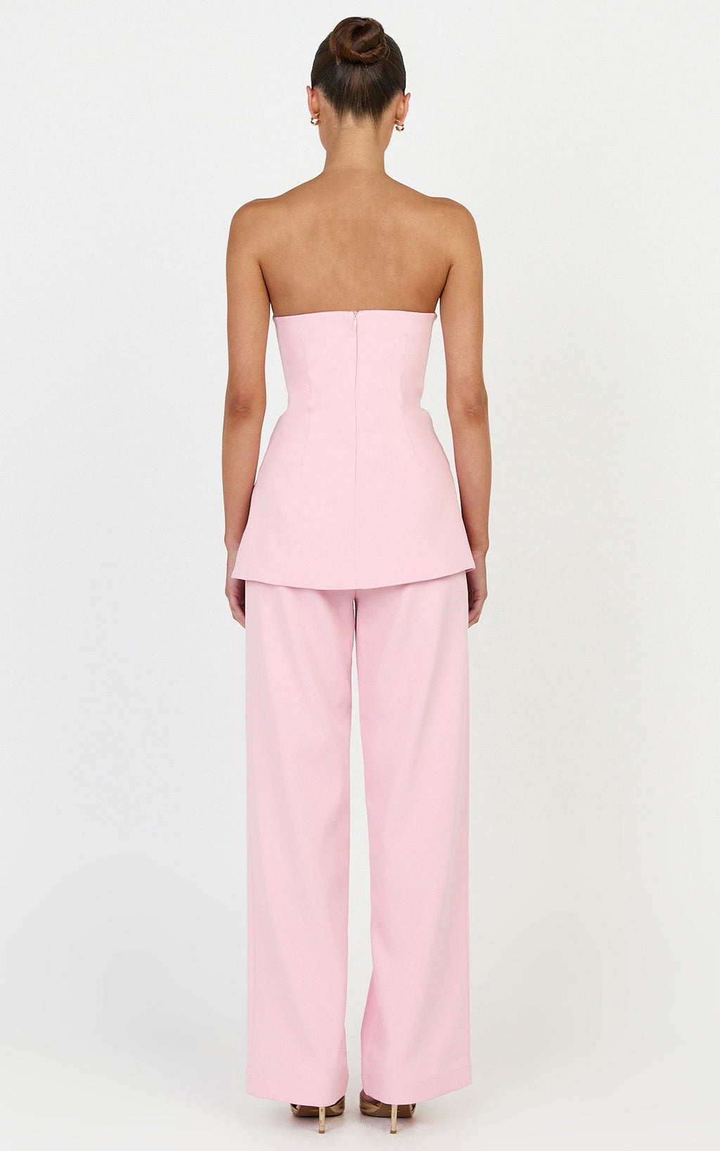 Amelia Two Piece Top and Pant Set - Strapless Button Down Top And Tailored Wide Leg Pants Set in Pink