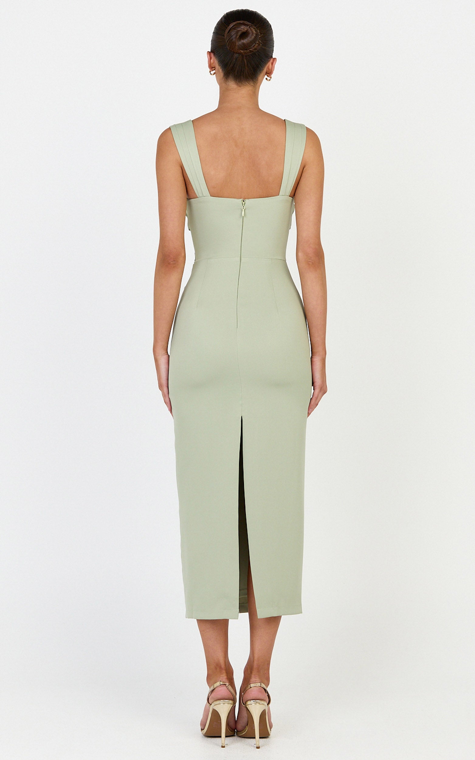 Kenna Midi Dress - Gathered Bust Tucked Waist Dress in Sage