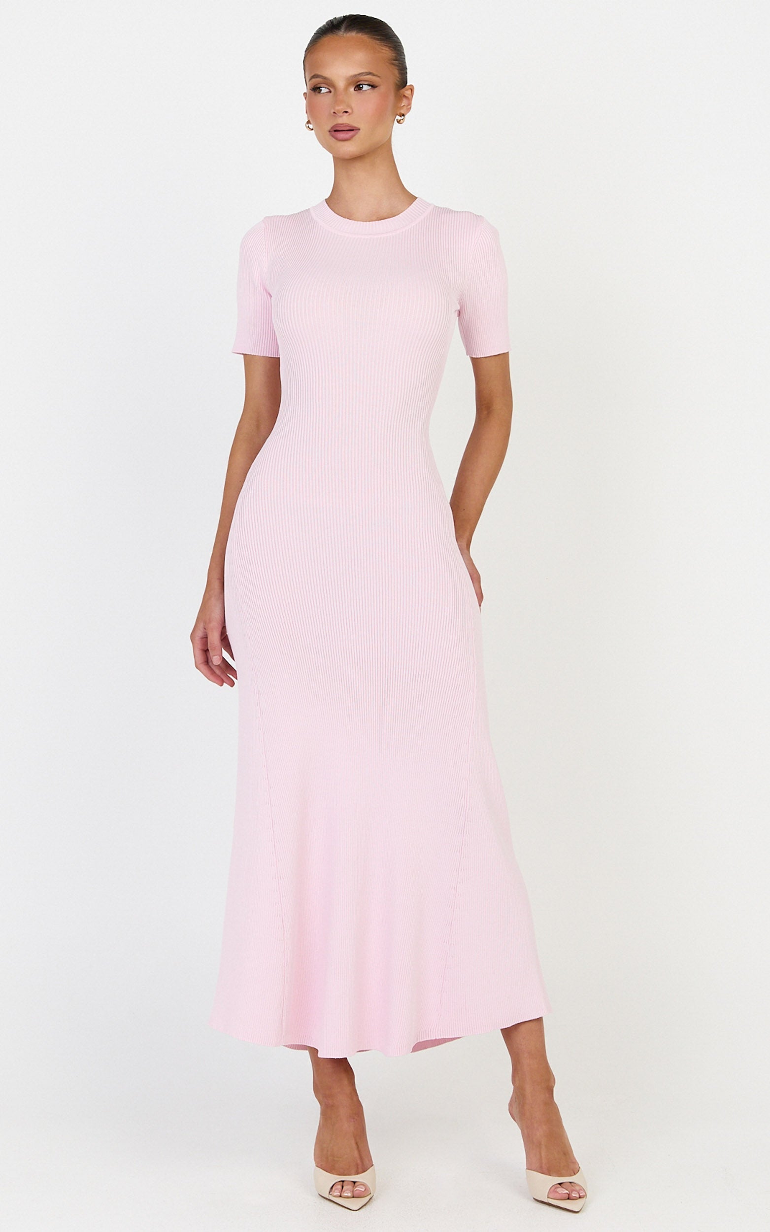 Lanie Midi Dress - Knitted Crew Neck Short Sleeve Dress in Pink