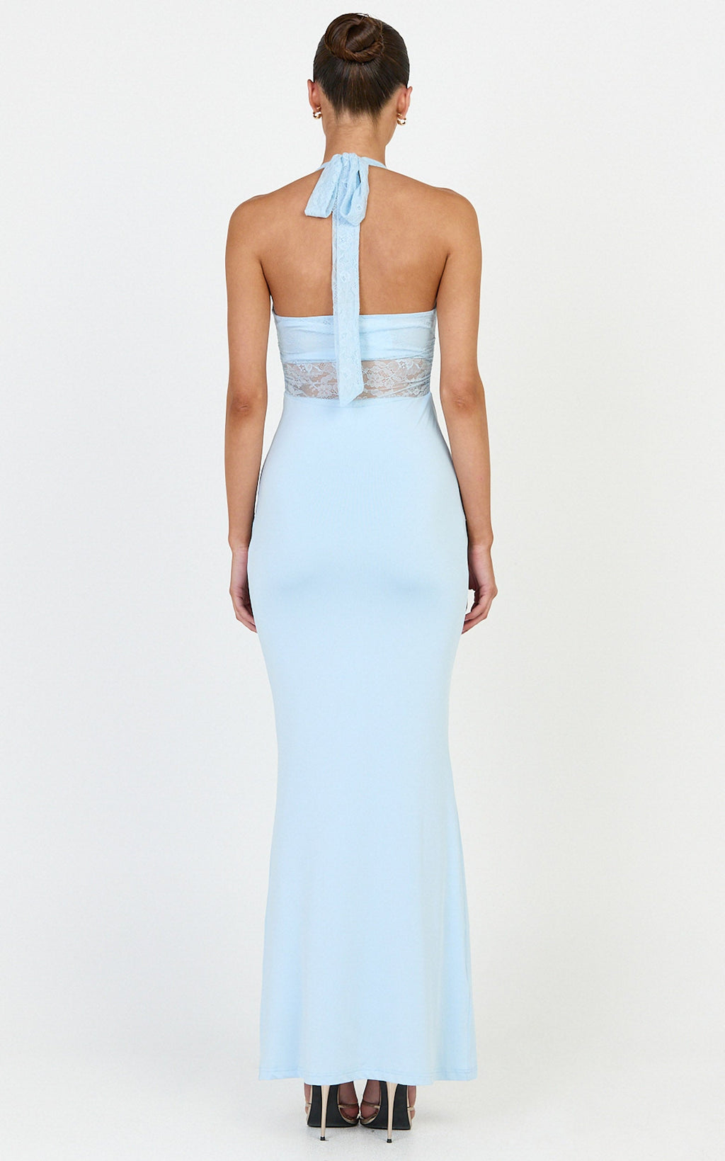Sienne Maxi Dress - Lace Bodice Draped Cowl Waist Dress in Light Blue