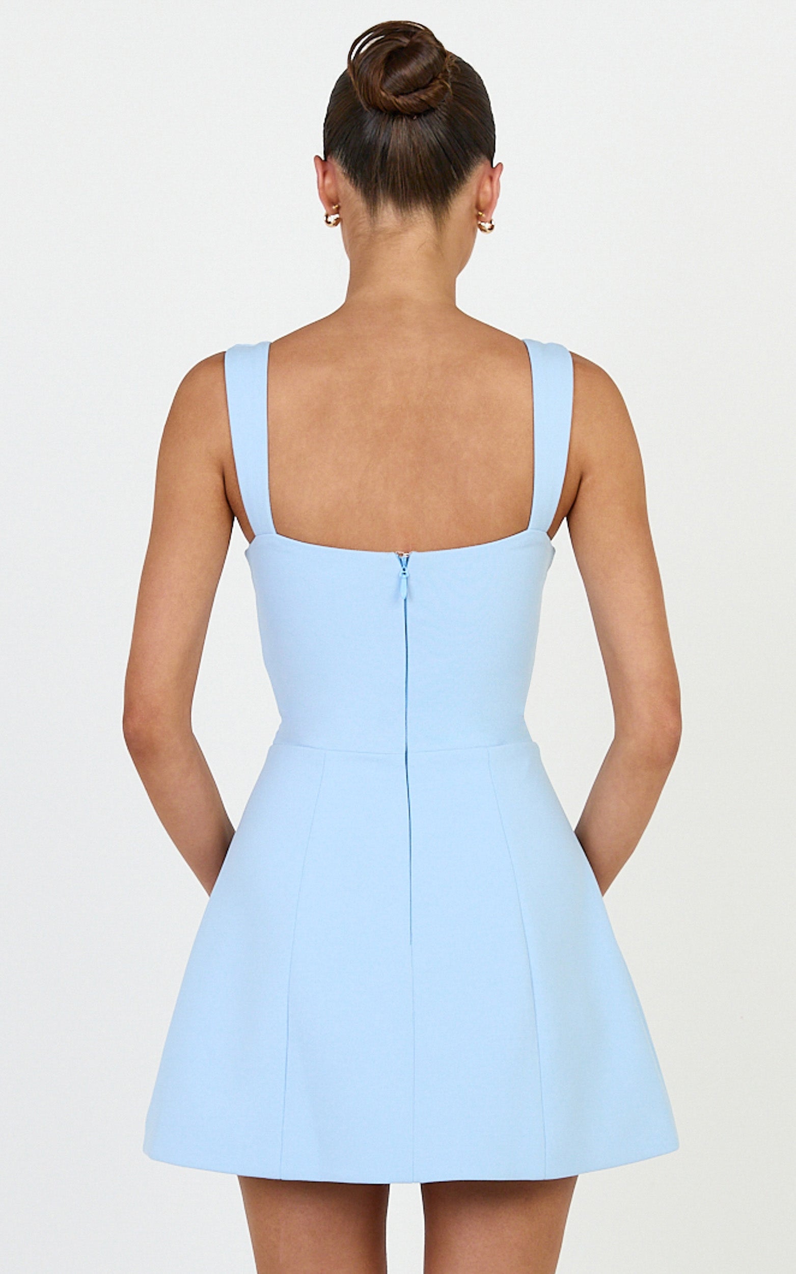 Donna Mini Dress - Square Neck Pin Tucked Waist Tulip Skirt Dress in Light Blue
