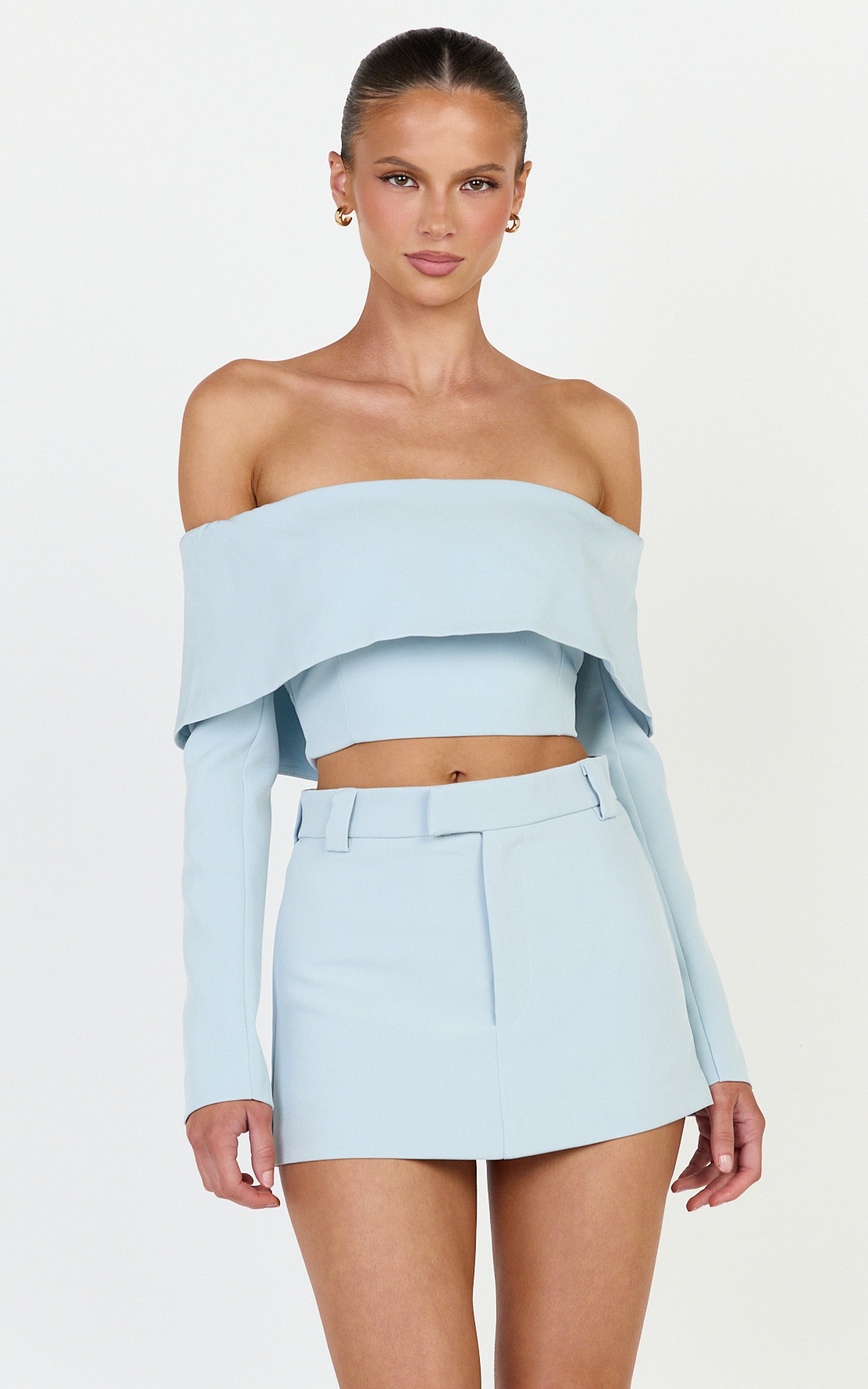 Ursula Top - Long Sleeve Off Shoulder Cropped Top in Baby Blue