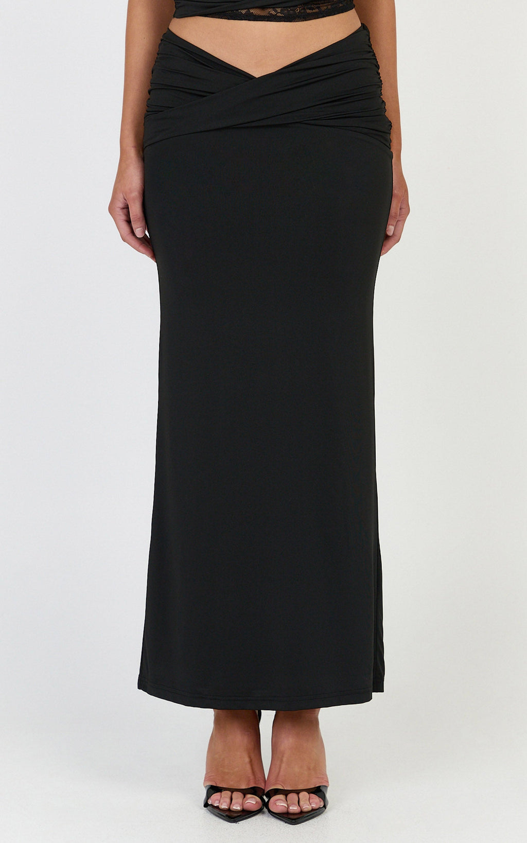 Sienne Maxi Skirt - Front Twist Overlay Skirt in Black