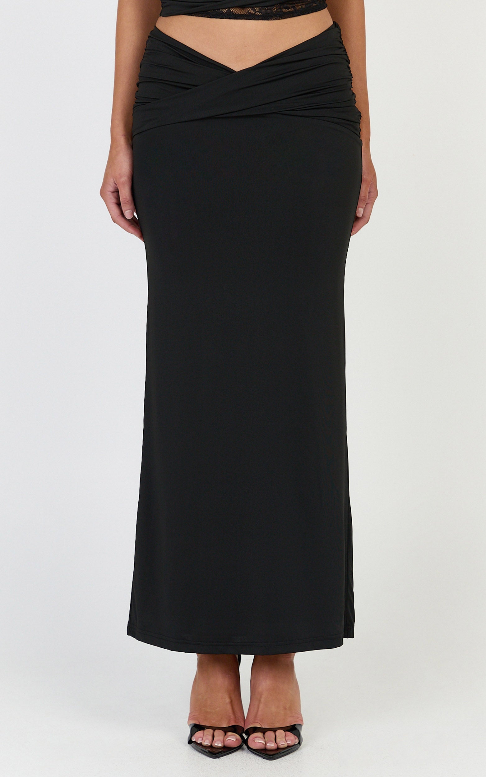 Sienne Maxi Skirt - Front Twist Overlay Skirt in Black