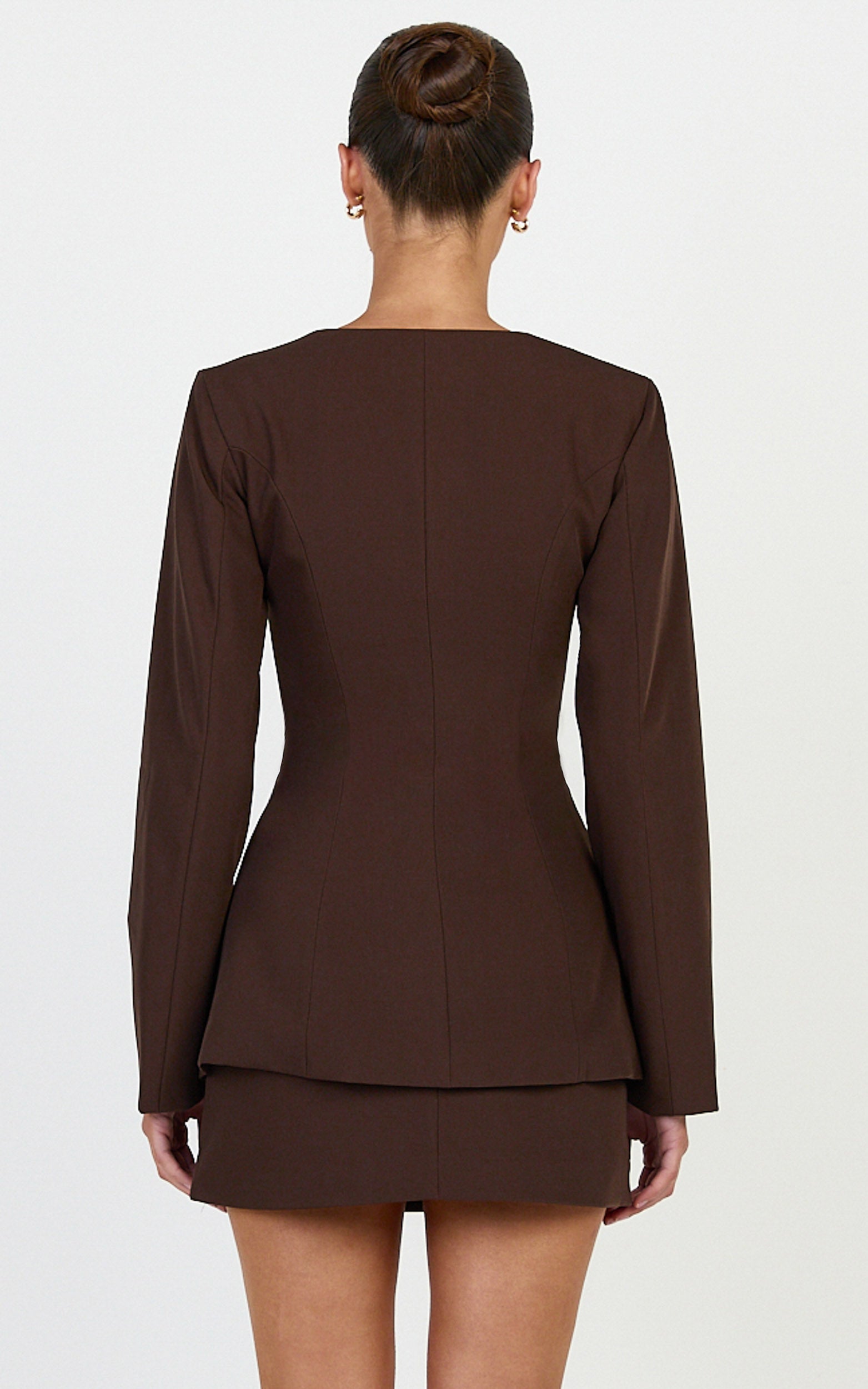 Rae Two Piece Set - Long Sleeve Button Down Tailored Top and Mini Skirt Set in Chocolate