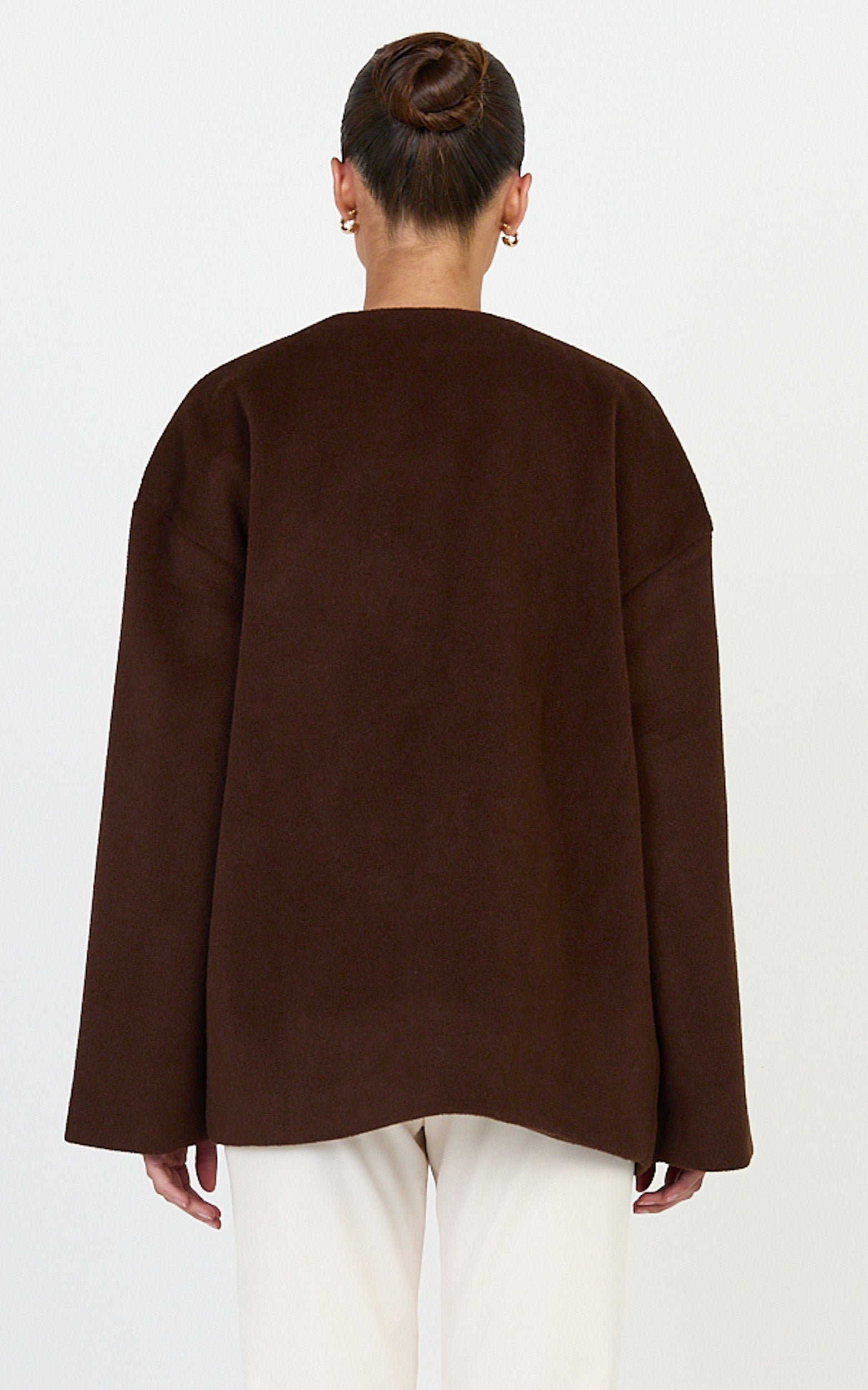 Carys Coat - Oversized Long Sleeve Coat With Neck Scarf in Chocolate