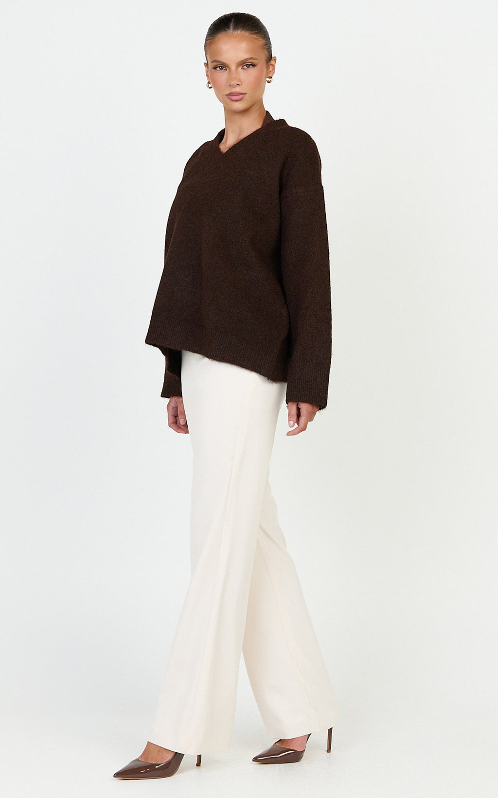 Clementine Jumper - V Neck Knit Jumper in Chocolate