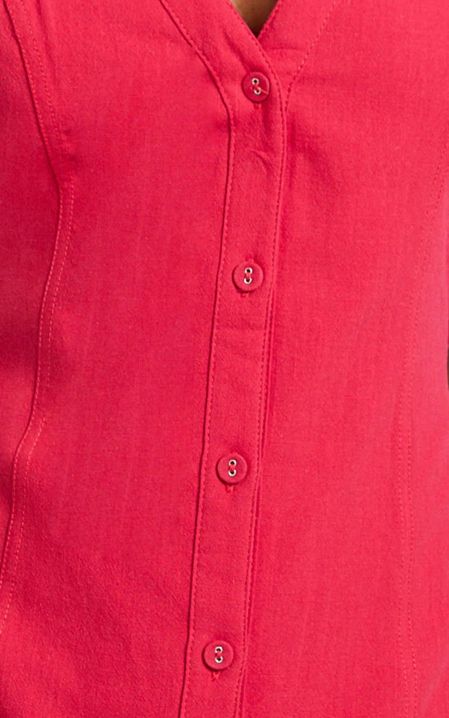 Juliet Midi Dress - Button Through V Neck Dress in Red