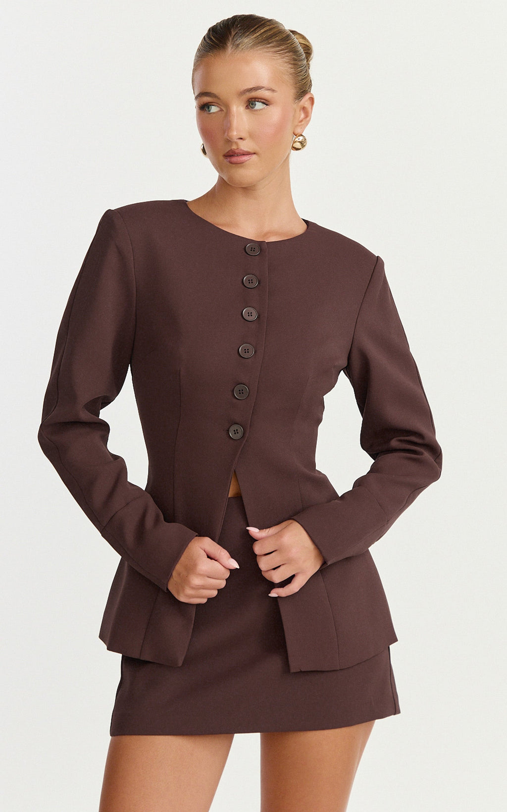 Mikey Jacket - Tailored Long Sleeve Collarless Jacket in Chocolate