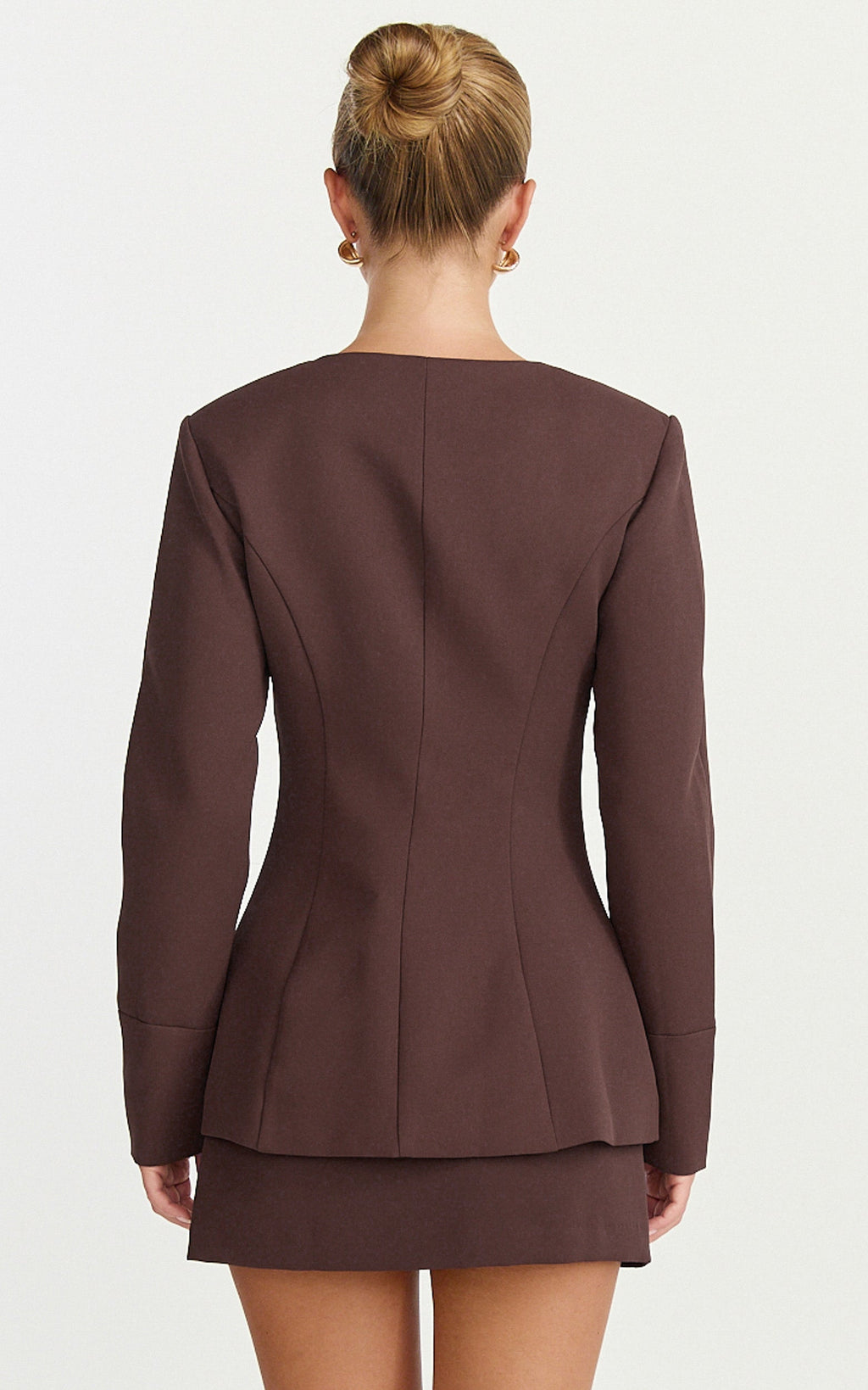 Mikey Jacket - Tailored Long Sleeve Collarless Jacket in Chocolate